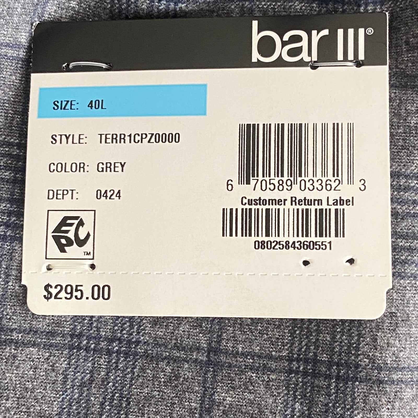 Bar III Sport Coat Men's 40 Long Slim Fit Stretch Fabric Grey Check