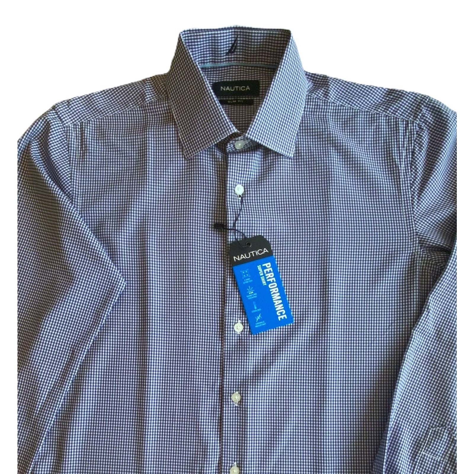 Nautica Dress Shirt Men's 14-14.5 32/33 Performance Slim Fit Blue White Ck