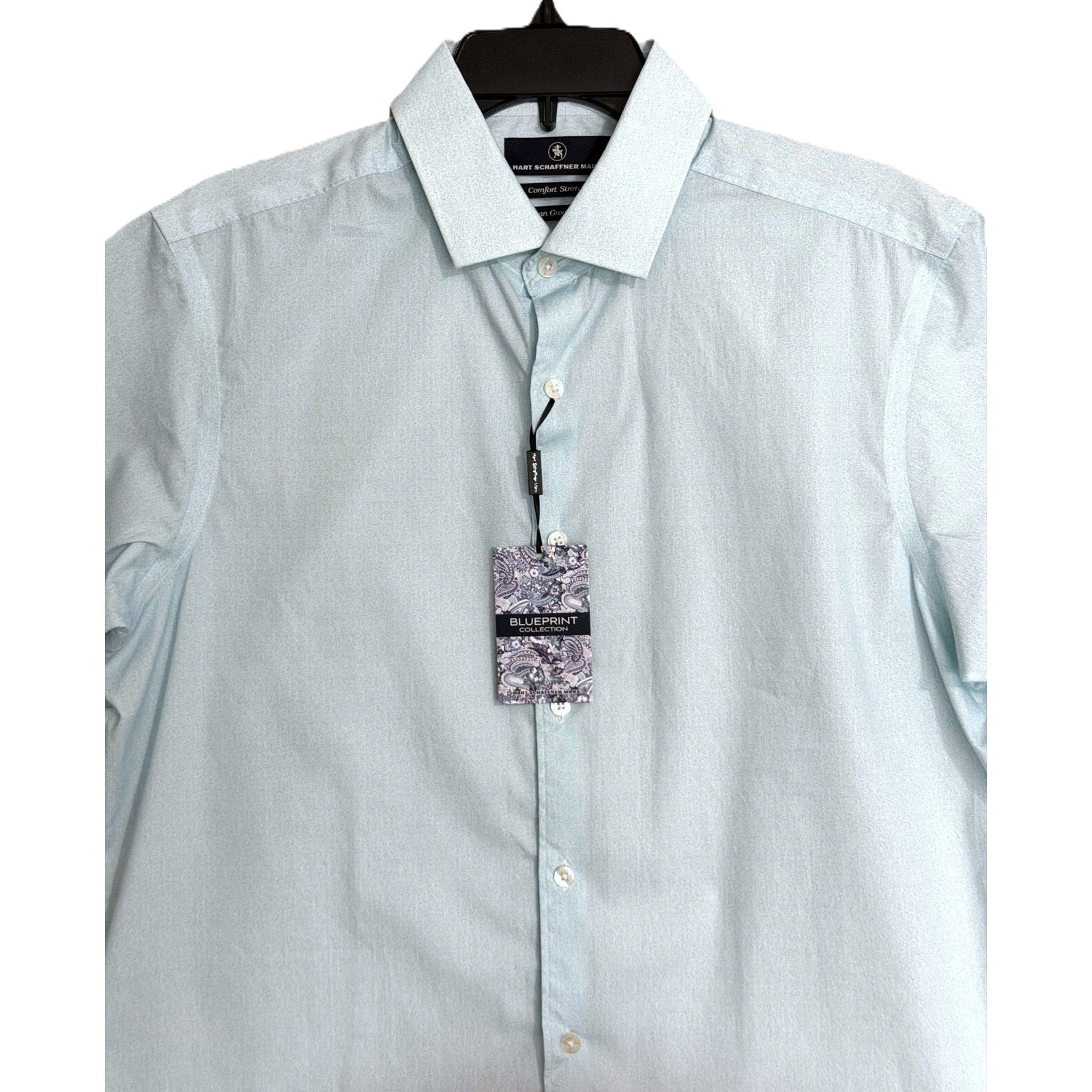 Hart Schaffner Marx Shirt Men's Medium Short Slv Comfort Stretch Cotton Blue