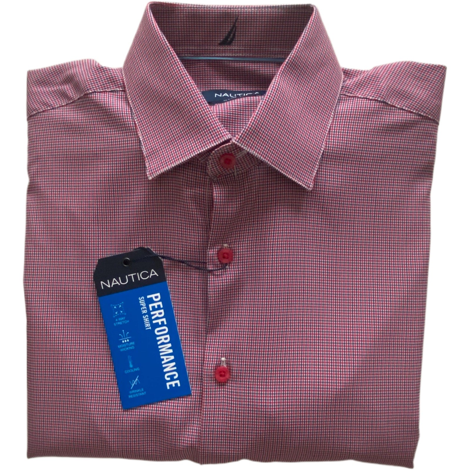 Nautica Dress Shirt Men's 14-14.5 32/33 Performance Slim Fit Red/Navy Check