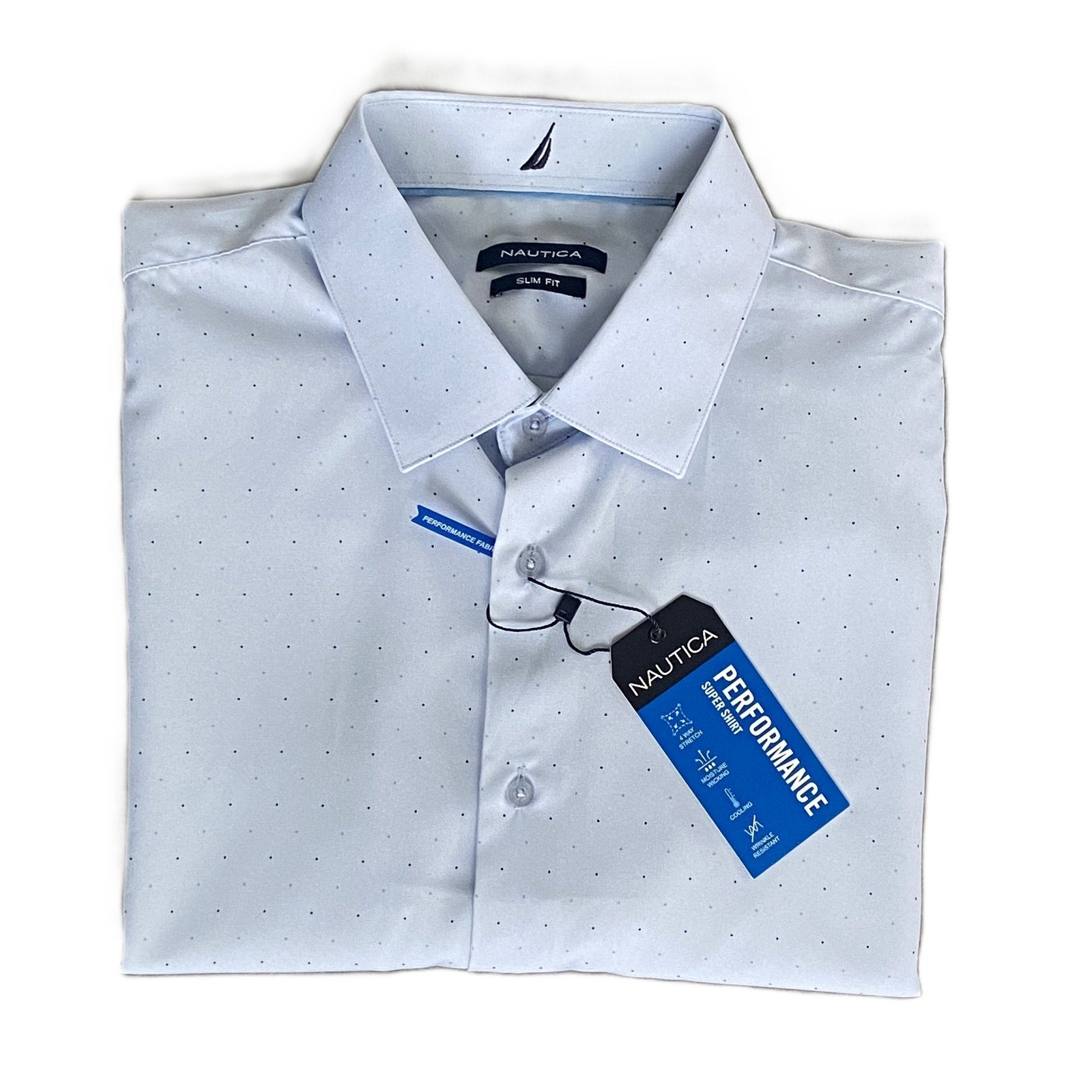 Nautica Dress Shirt Men's XL 17-17.5 34/35 Performance Slim Fit Blue Dot