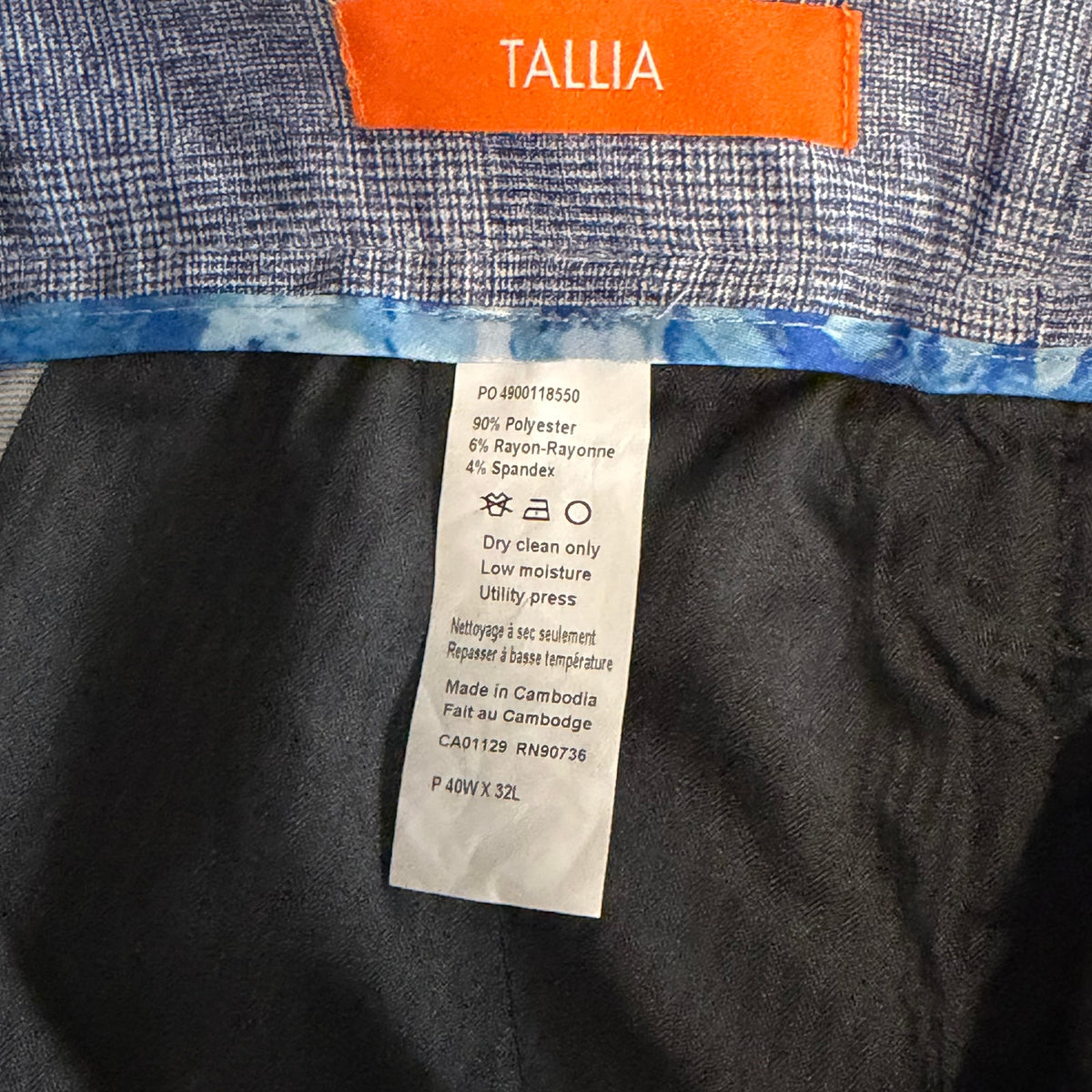 Tallia Orange Vezzo Suit Pant Men's 40"x32" Flat Front Stretch Blue Plaid