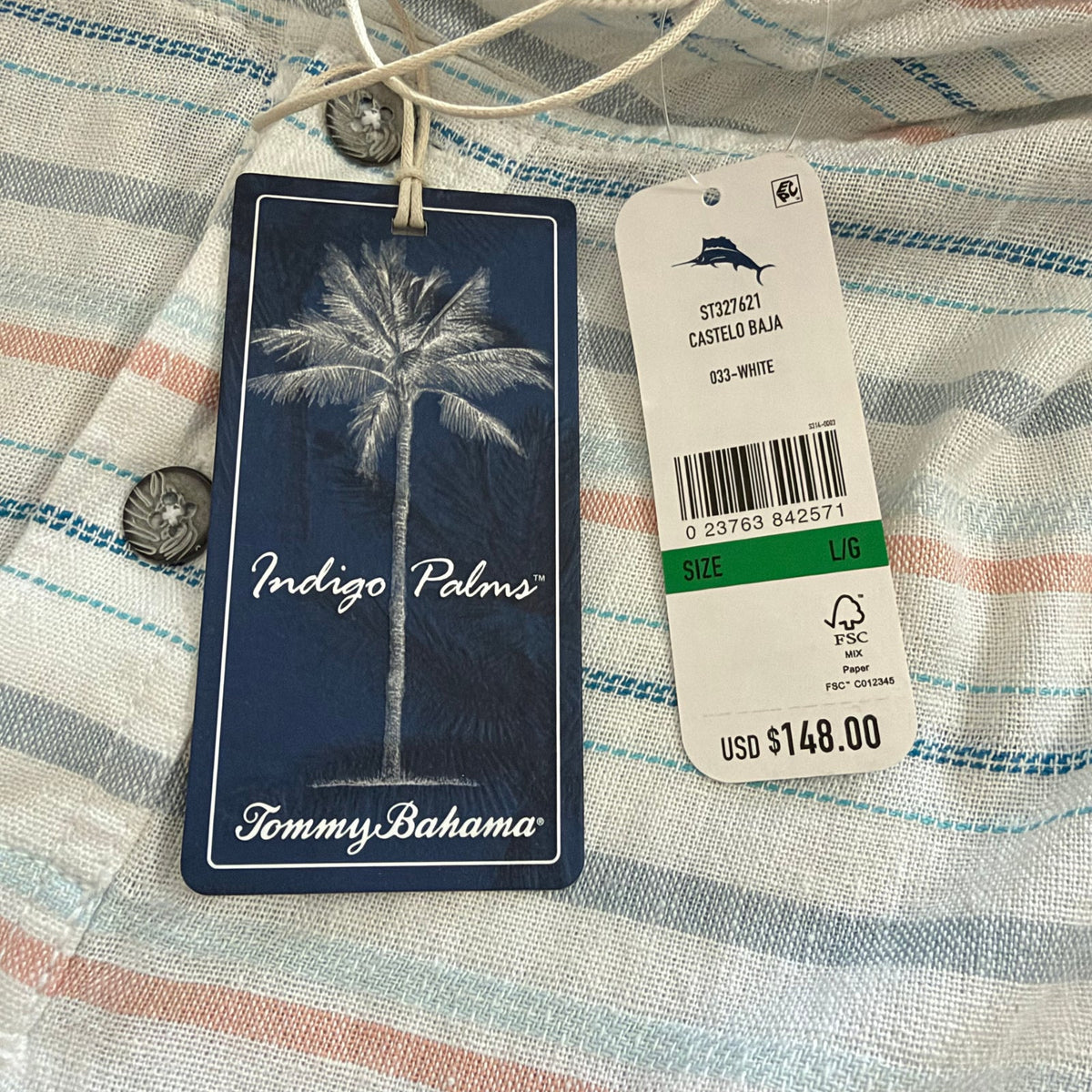 Tommy Bahama Shirt Men's Large Castelo Baja Linen Multicolor Stripe Hooded