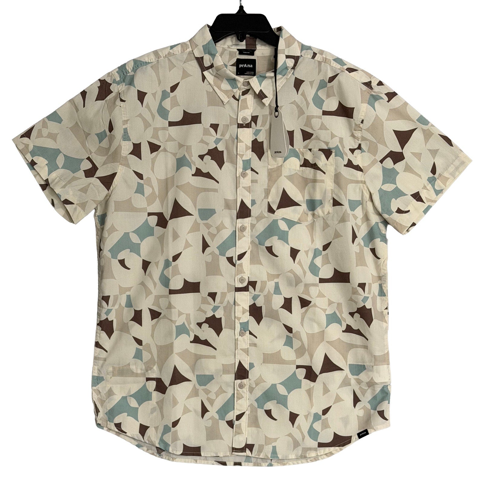 prAna Stimmersee Shirt Men's Large Slim Fit Short Sleeve Almond Geo