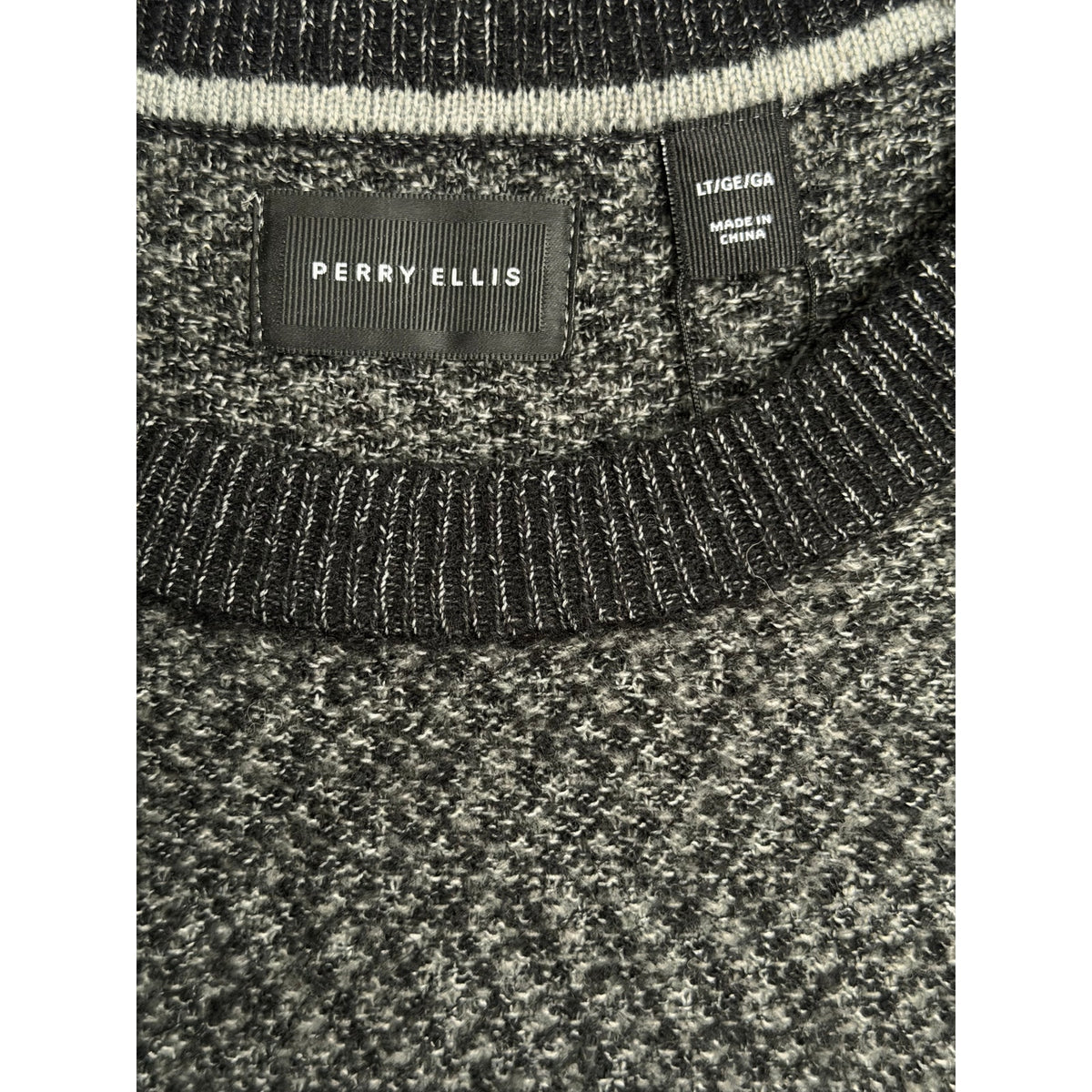 Perry Ellis Sweater Men's LT Big & Tall Yarn Herringbone Crew Neck Black
