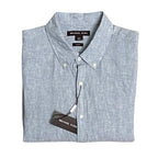 Michael Kors Linen Shirt Men's XL Slim Fit Short Sleeve Blue/White Pinstripe