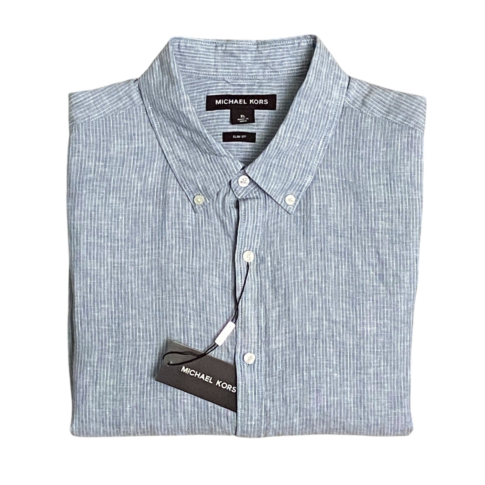 Michael Kors Linen Shirt Men's XL Slim Fit Short Sleeve Blue/White Pinstripe