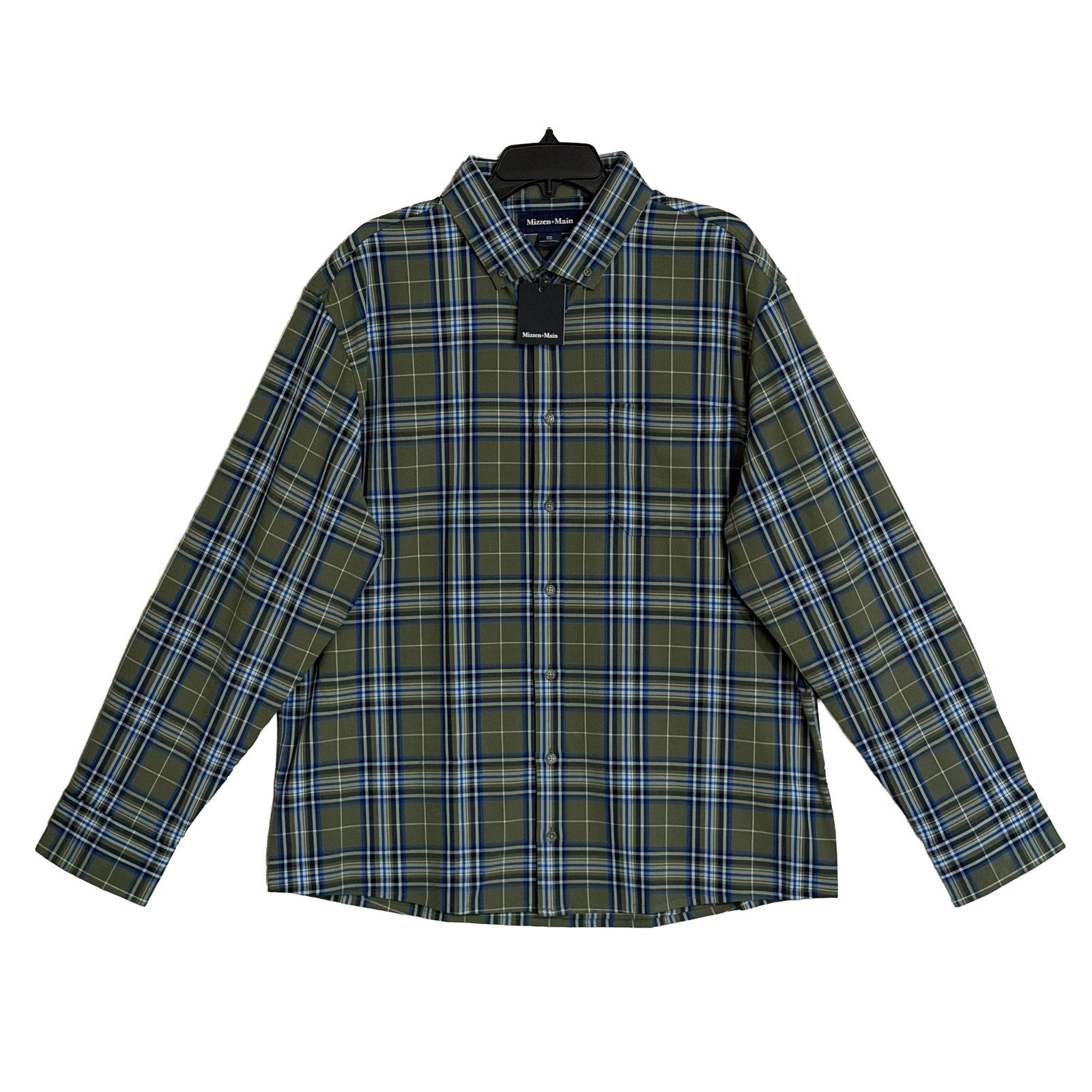 Mizzen+Main Men's XXL Trim Fit City Flannel Twill Shirt Olive Thomas Plaid
