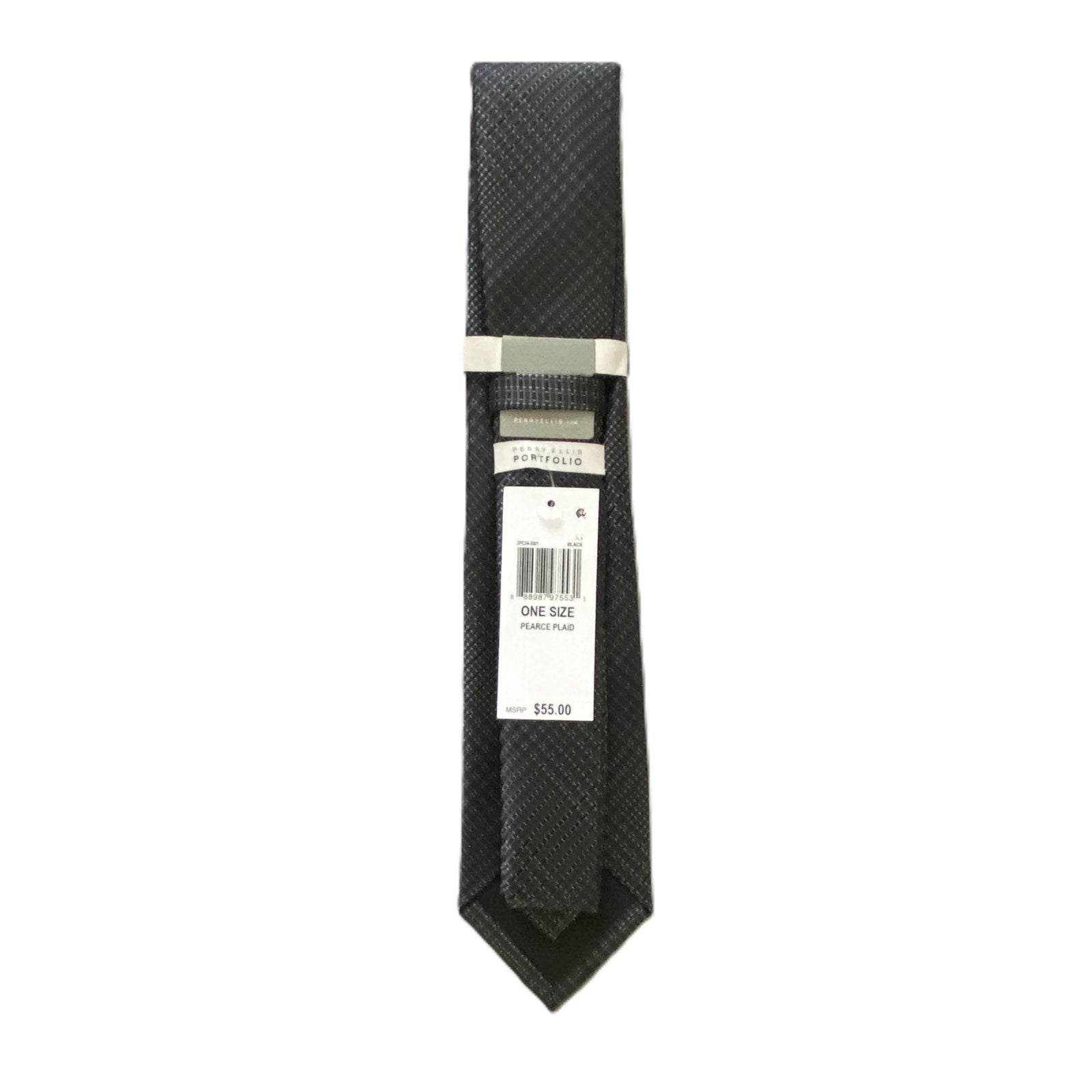Perry Ellis Portfolio Necktie 3" Black Pearce Plaid Standard Length