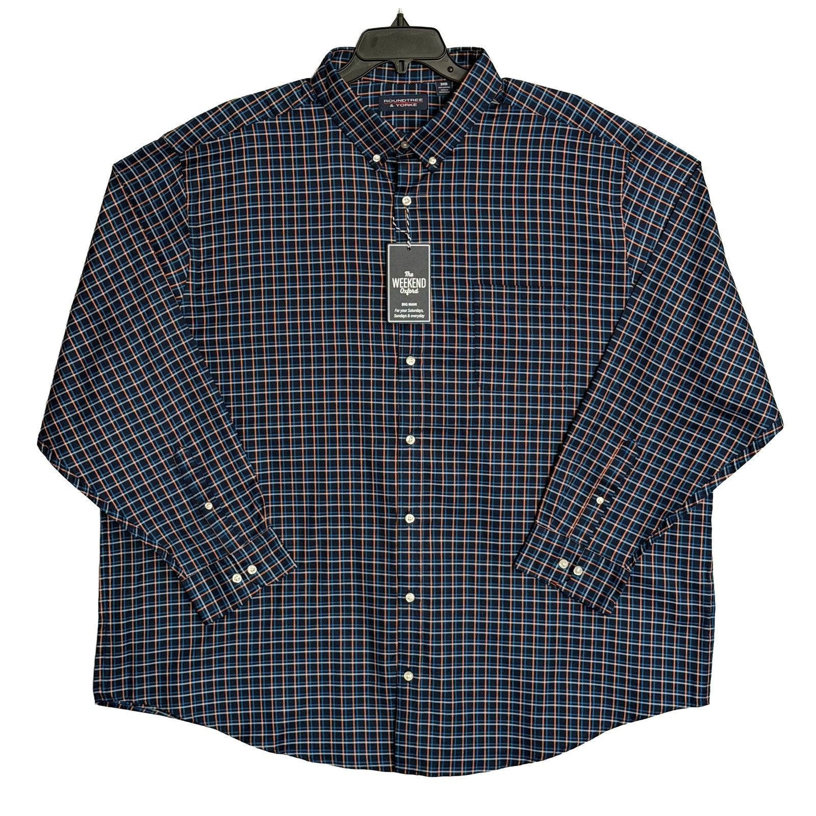 Roundtree & Yorke Men's Weekend Oxford Shirt 3XB Big & Tall Dk Blue Gingham NWT