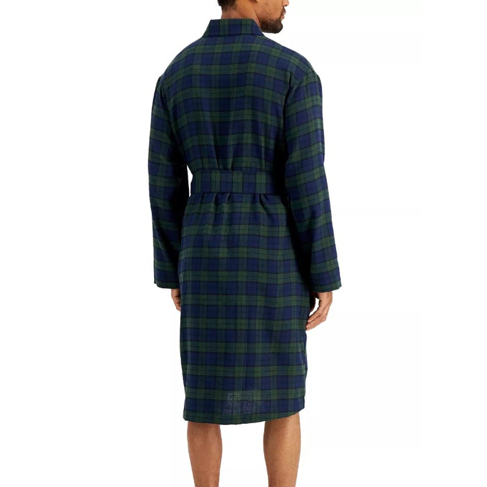 Club Room Men's Robe Size L/XL Plaid Shawl Collar Flannel Robe Navy/Green