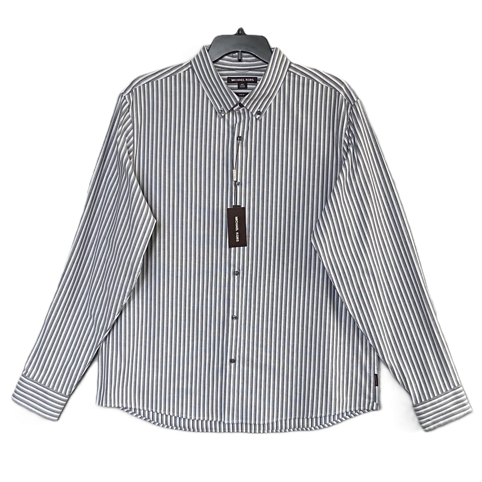 Michael Kors Shirt Men's XXL Slim Fit Long Sleeve Stretch Grey Pinstripe