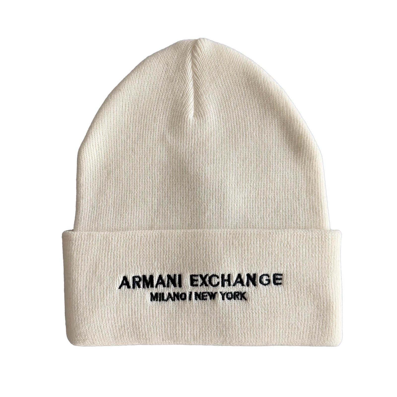 Armani Exchange Milano / New York Knit Beanie One Size Folded Cuff White