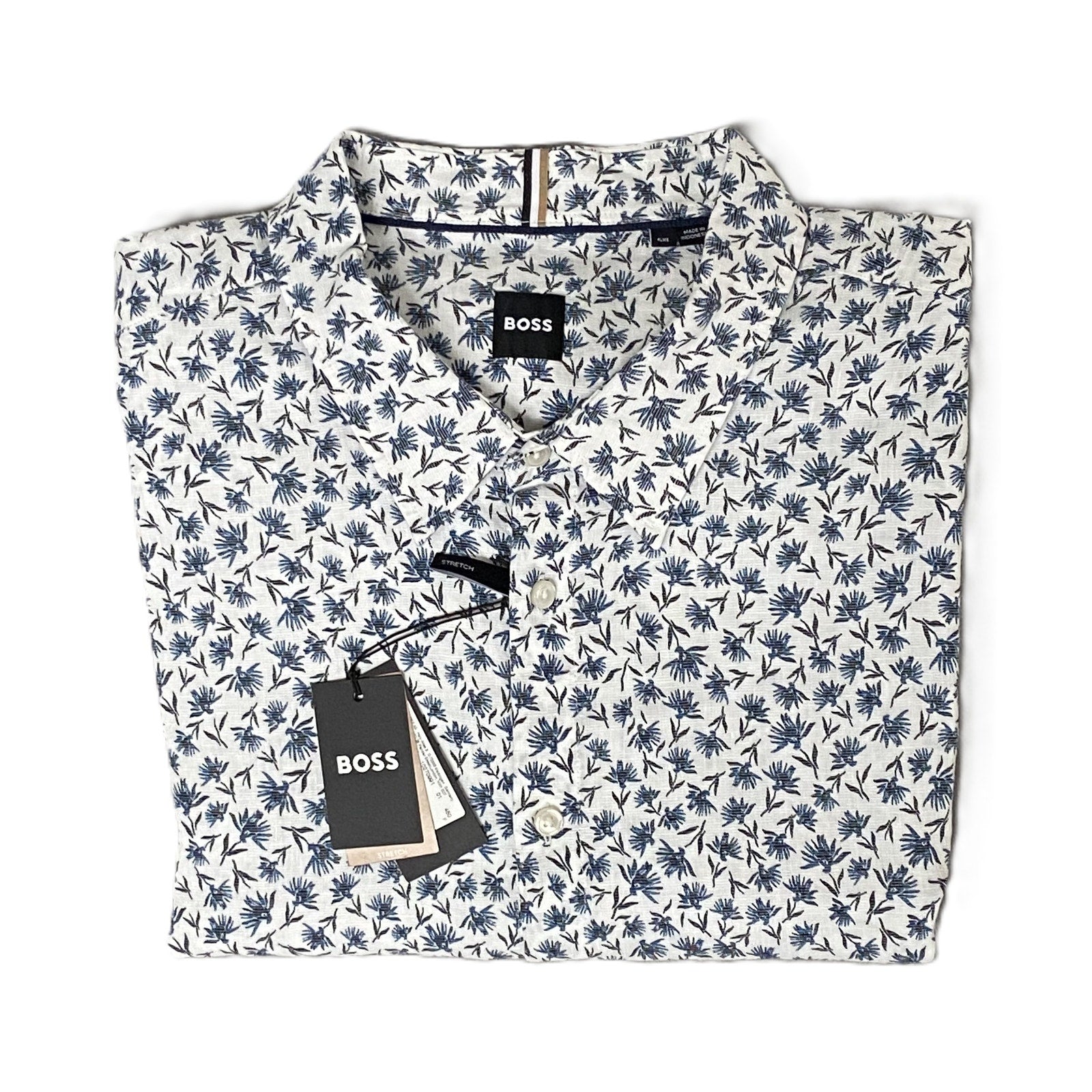 Boss Shirt Men's 5XL Big & Tall Short Sleeve Stretch Linen Shirt Blue Floral