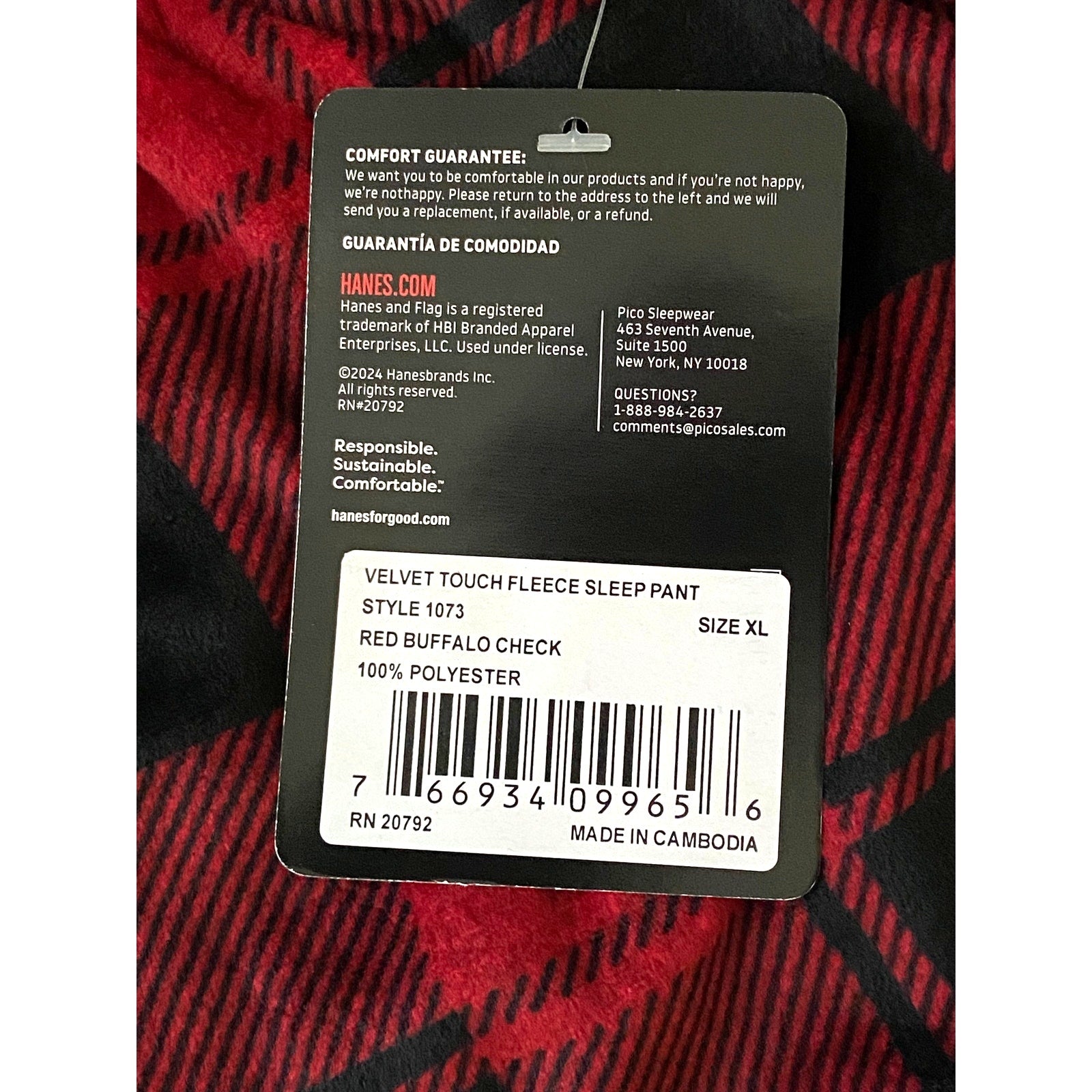 Hanes Fleece Sleep Pant Men's XL Drawstring Pockets Red Buffalo Check