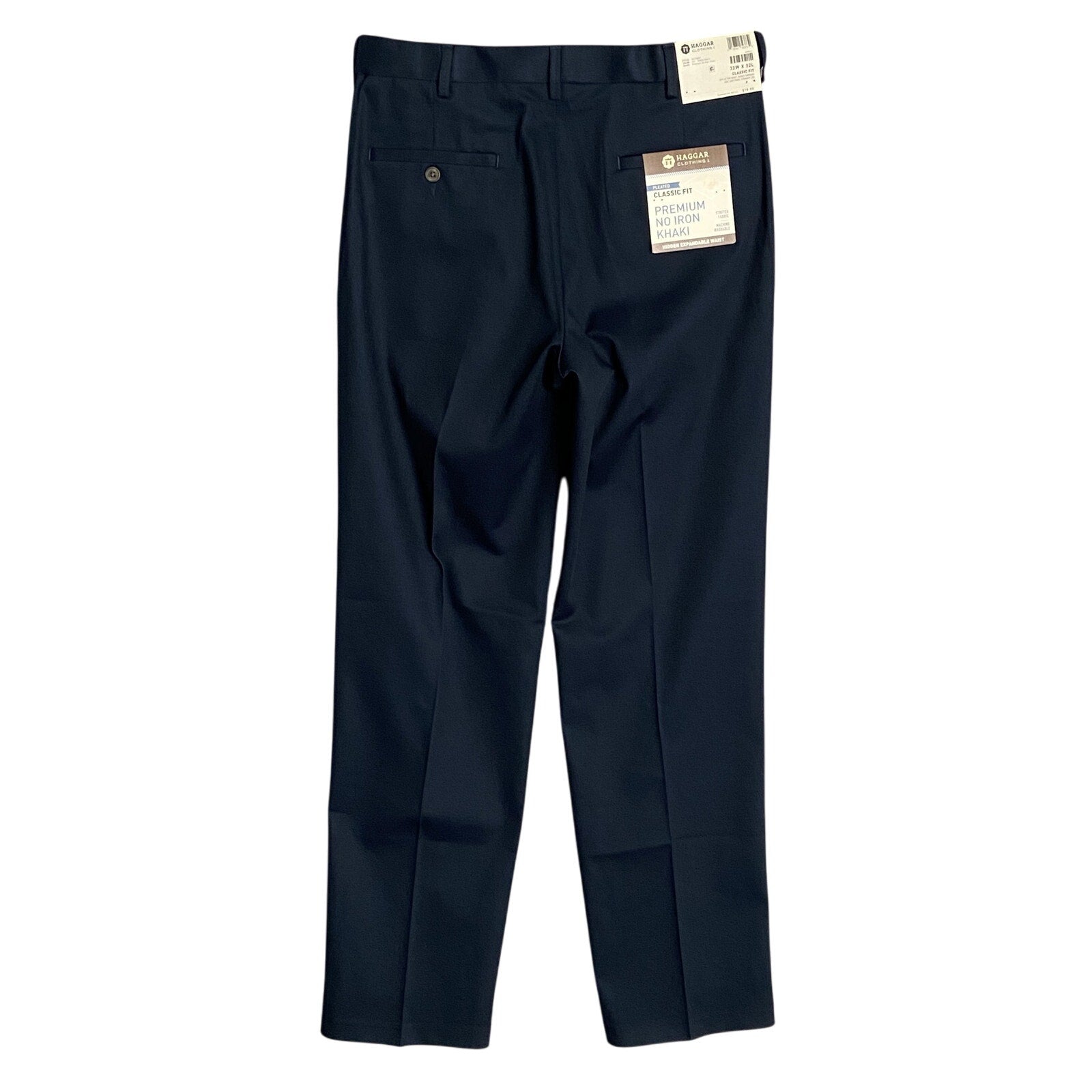 Haggar Premium No Iron Khaki Men's 32x32 Dress Pant Classic Fit Pleated Blue
