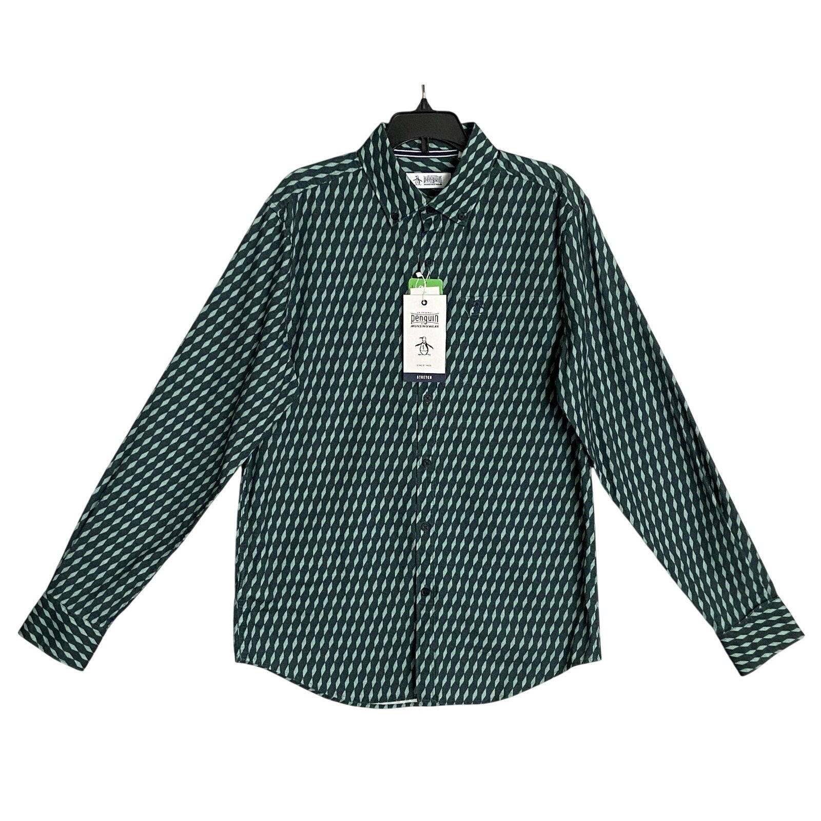 Penguin Shirt Men's Small Long Sleeve Button-Down Shirt Green Geo Print
