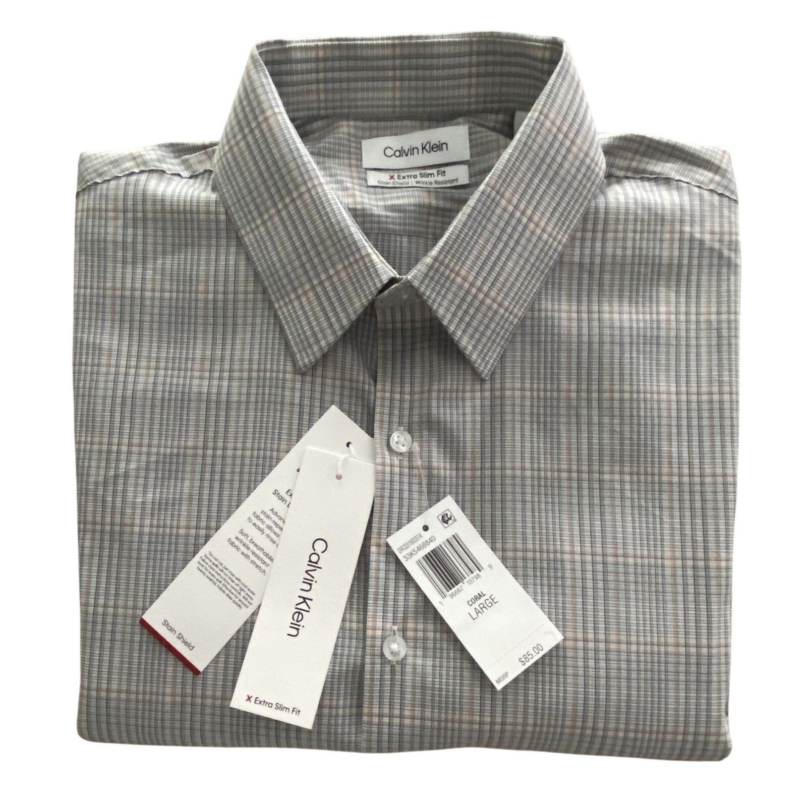 Calvin Klein Dress Shirt Men's Large Extra-Slim Fit Stain Shield Coral Plaid