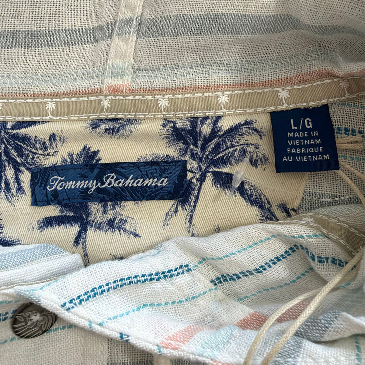 Tommy Bahama Shirt Men's Large Castelo Baja Linen Multicolor Stripe Hooded
