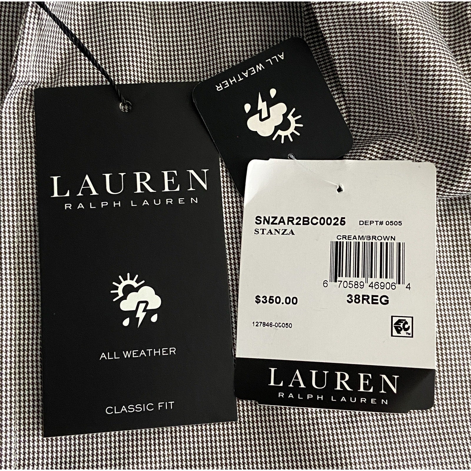 Lauren Ralph Lauren Coat Men's 38R Raincoat Stanza Cream Brown Houndstooth