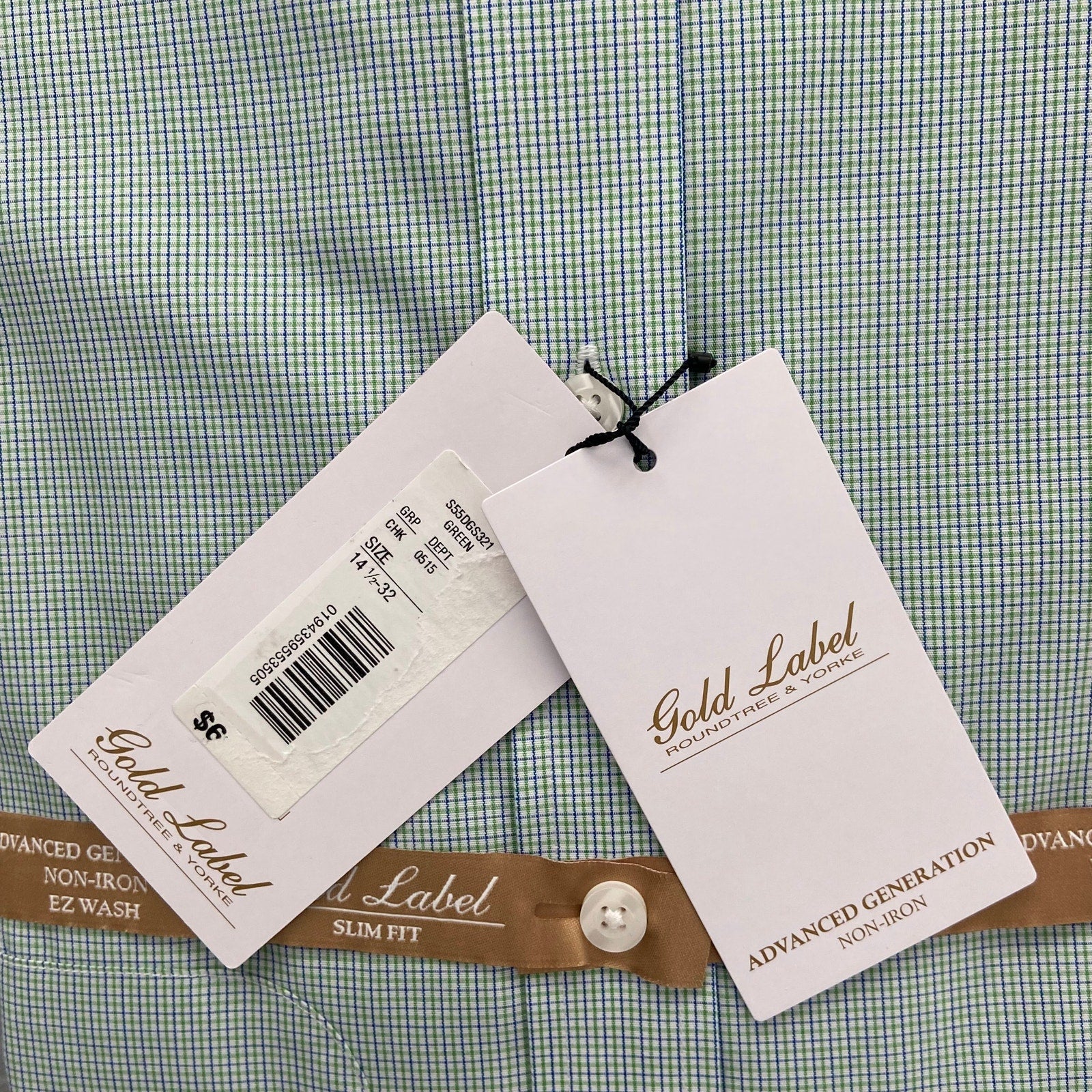 Roundtree & Yorke Shirt Men's 14.5 32 Slim Fit Cotton Poplin Green Check