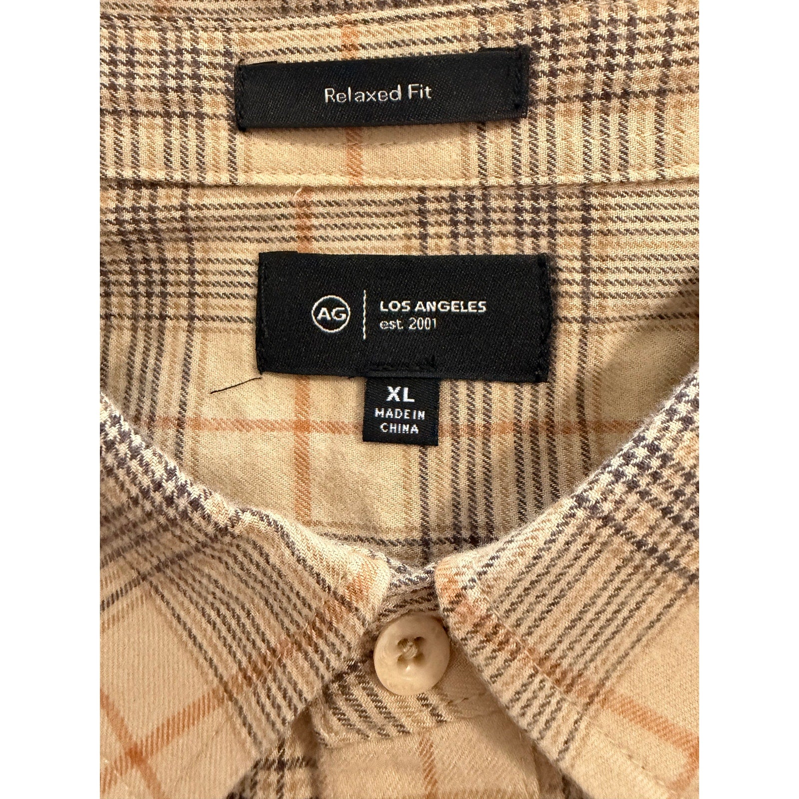 AG Los Angeles Wayne Work Shirt Men's XL Relaxed Fit Tan Plaid