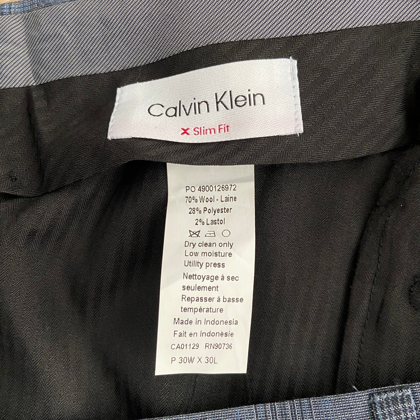 Calvin Klein Suit Pant Men's 30"x30" Slim Fit Stretch Grey & Blue Plaid