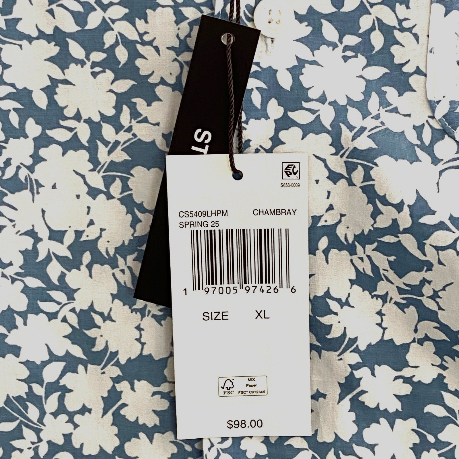 Michael Kors Camp Shirt Men's XL Relaxed Fit Blue Chambray White Floral