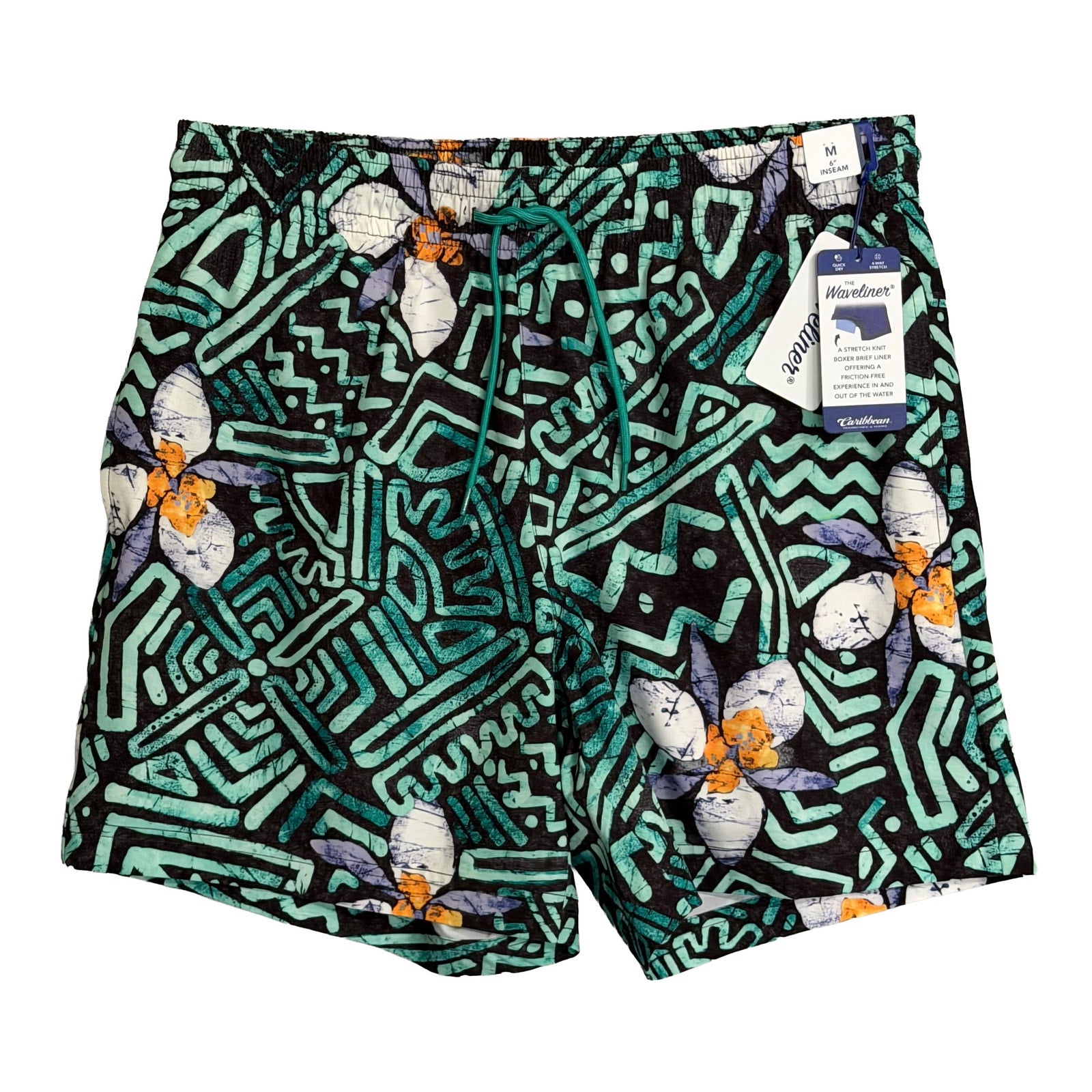 Caribbean Swim Trunks Men's Medium Elastic Drawstring Waist Pockets Lined