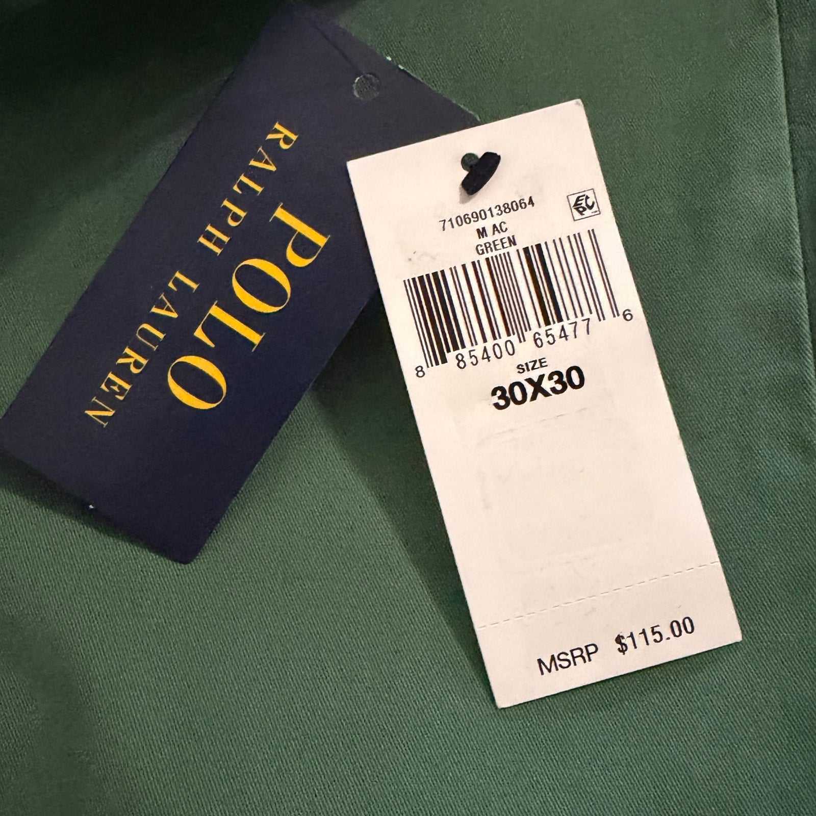 Polo Ralph Lauren Pant Men's 30"x30" Chino Stretch Straight Fit Solid Green NWT