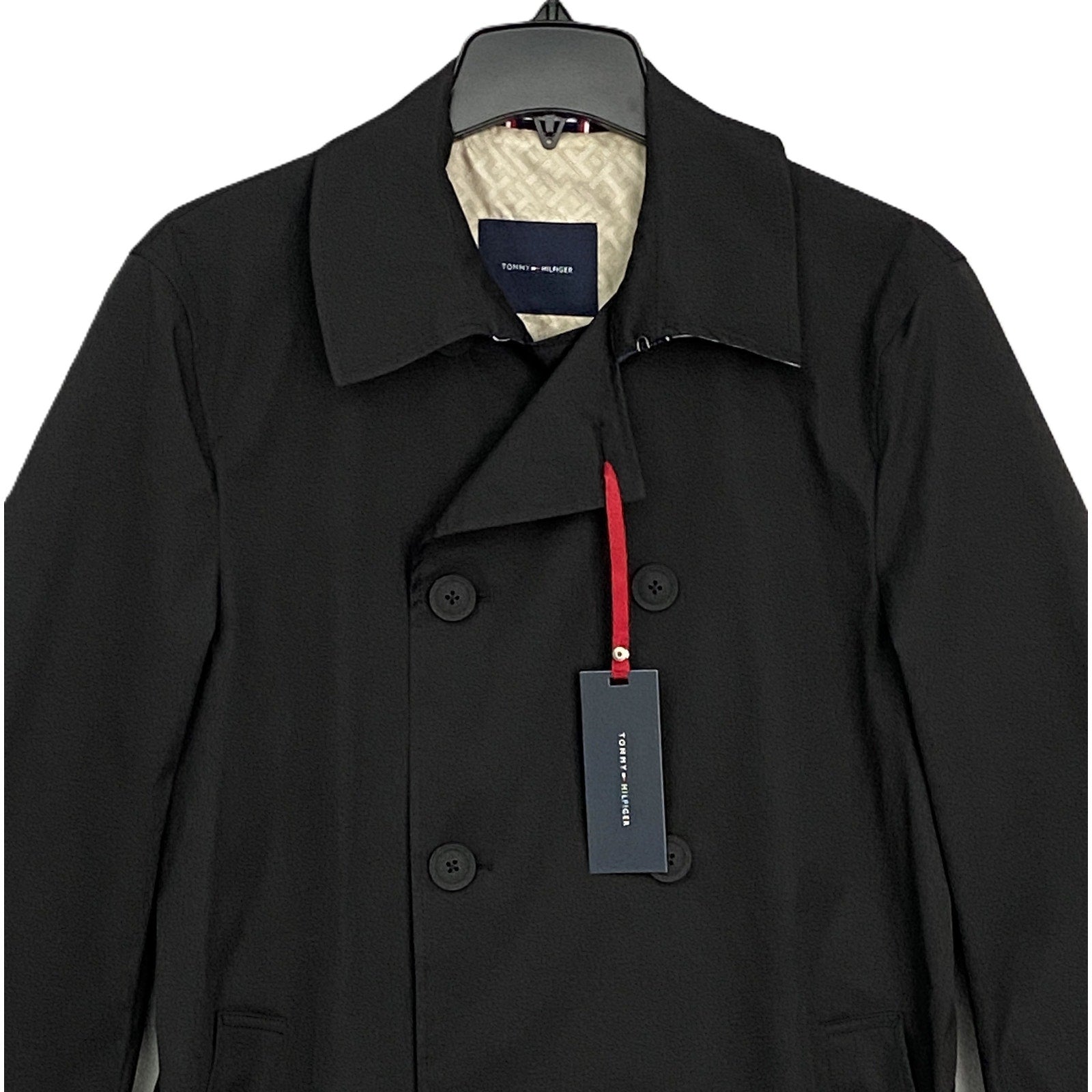 Tommy Hilfiger Men's 42 Regular Double-Breasted Belted Trench Coat Black