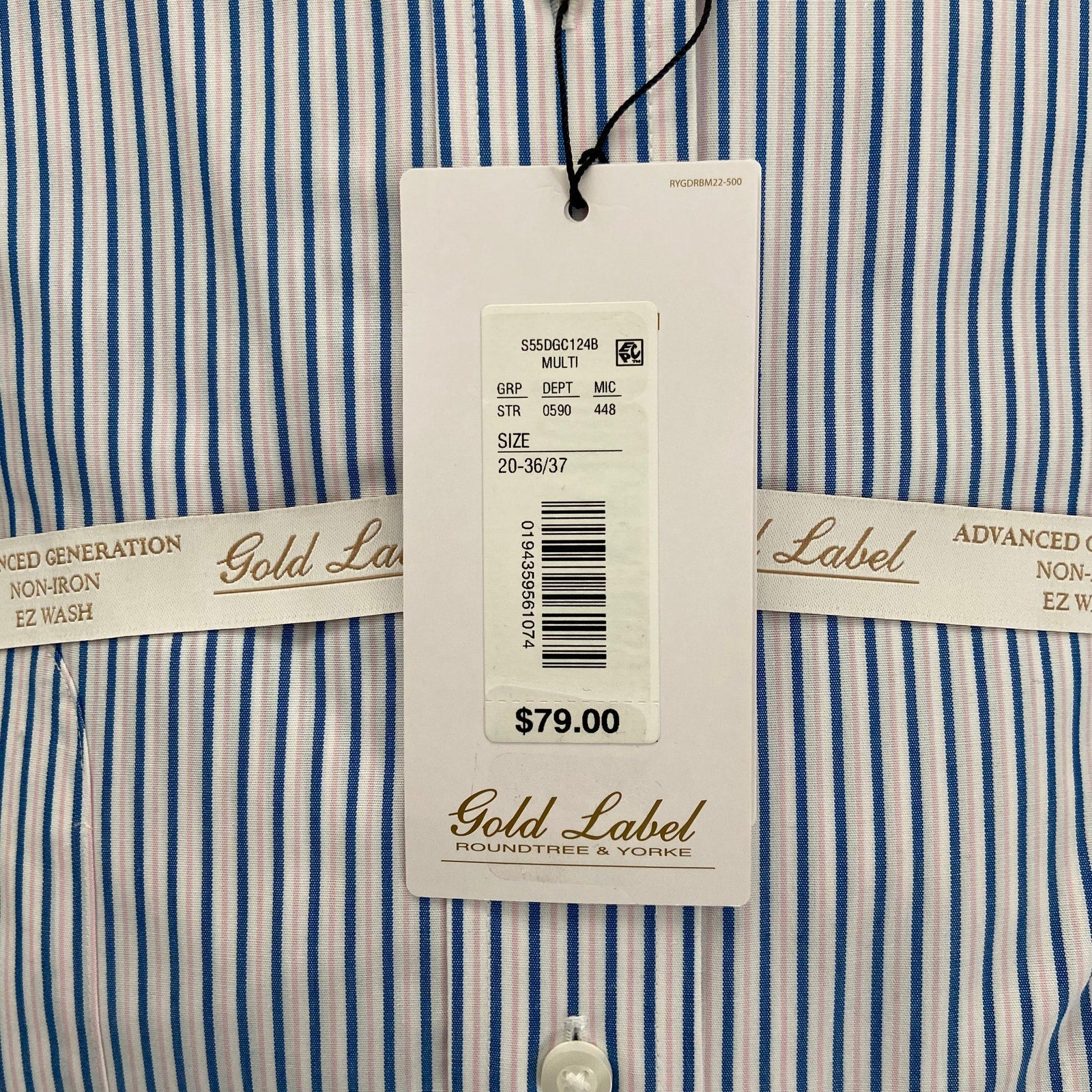 Roundtree & Yorke Shirt Big & Tall Men's 20 36/37 Blue/Pink Strp Dress Shirt