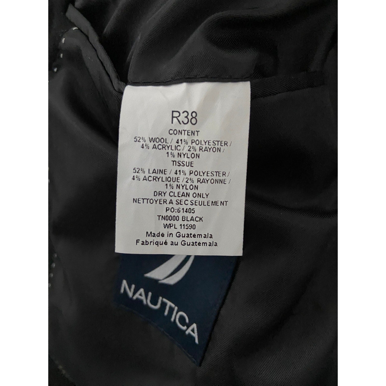 Nautica Men's 38 Regular Overcoat Double-Breasted Wool Blend Lined Black