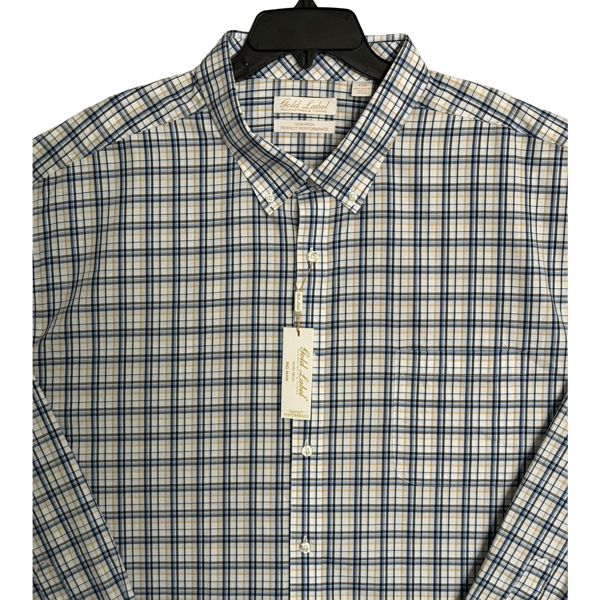 Roundtree & Yorke Performance Dress Shirt Men's 4XB LS Big & Tall Blue Plaid