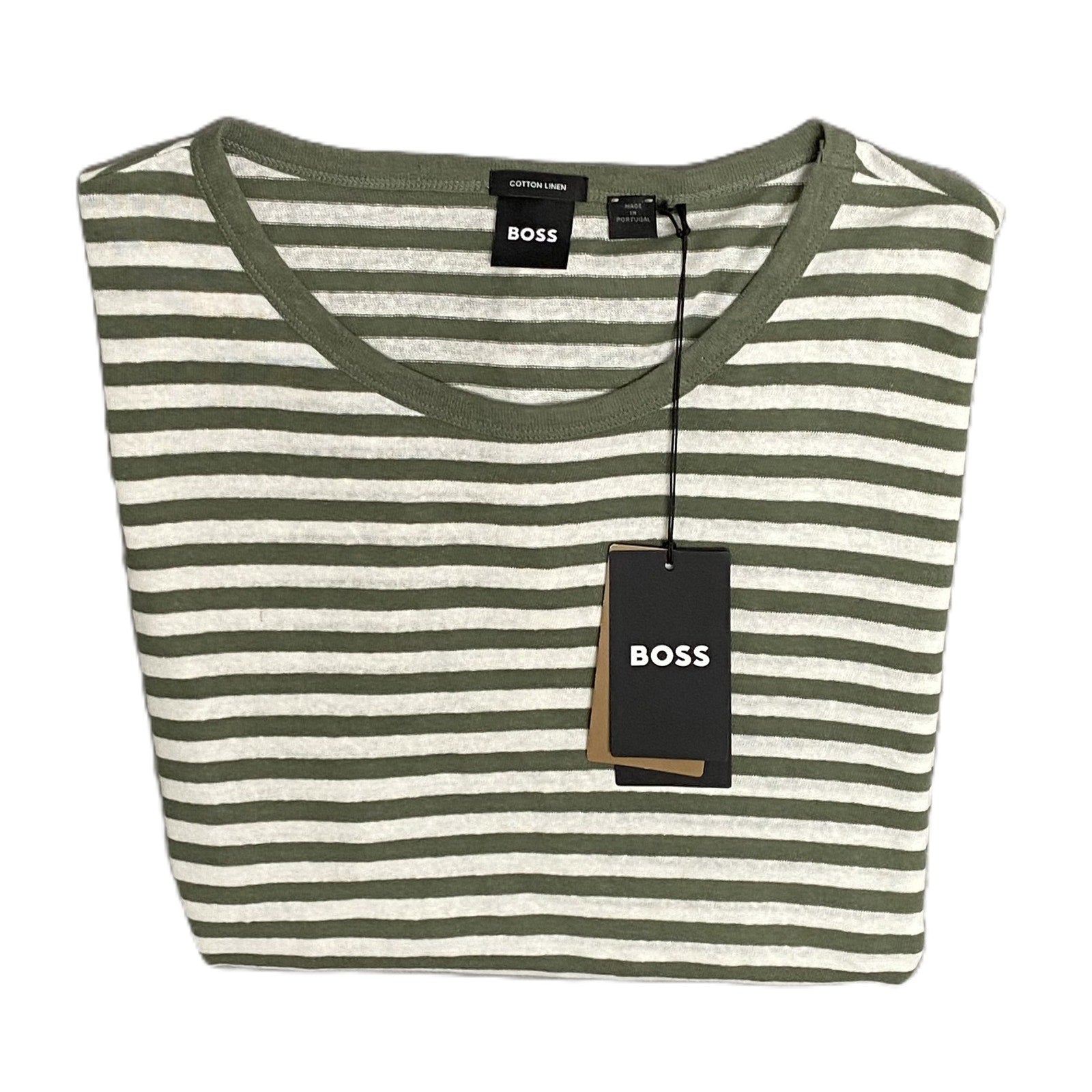 Boss Short Sleeve T-Shirt Men's 3XT Big & Tall Cotton Linen Green Stripe