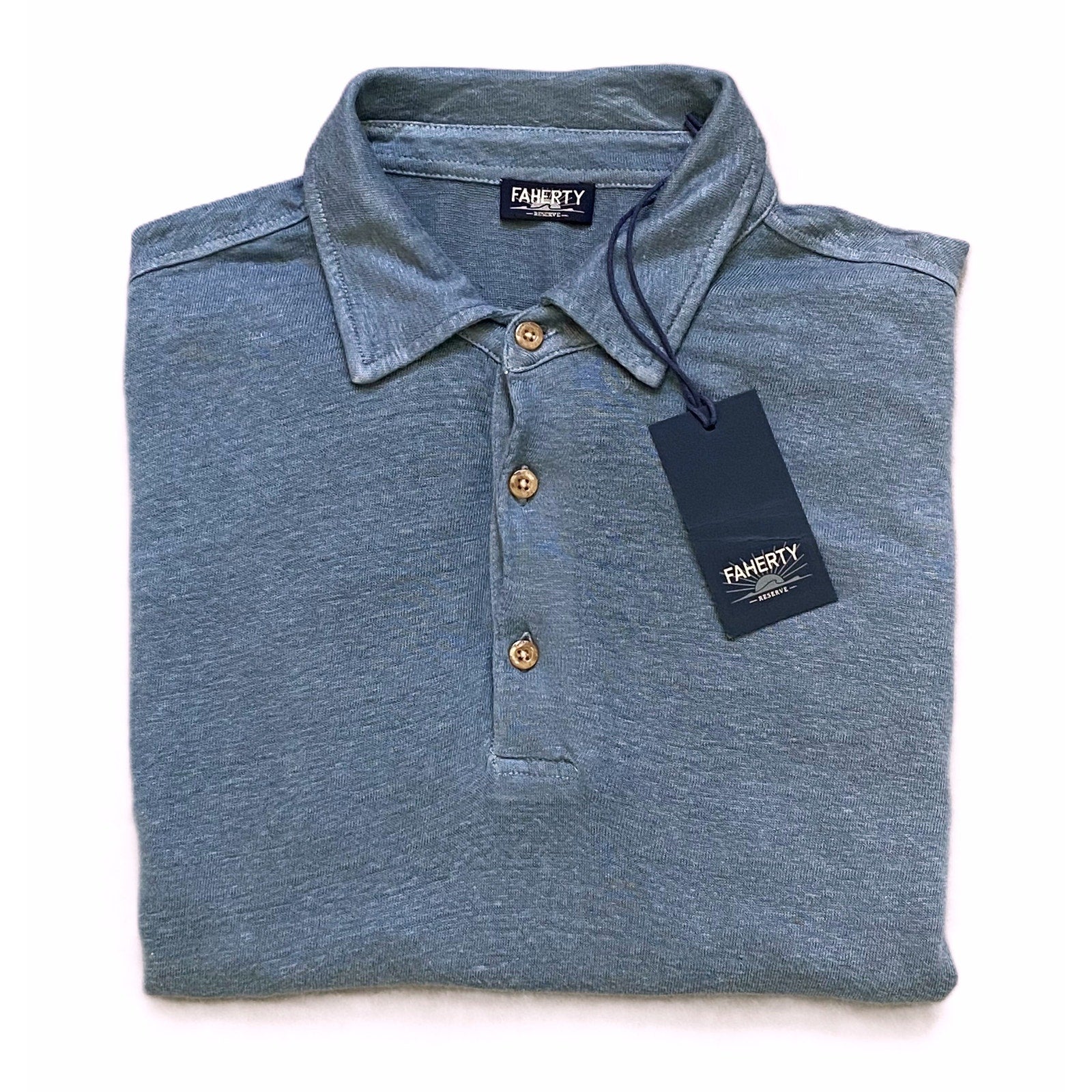 Faherty Polo Shirt Men's Large Reserve Short Sleeve Linen Deep Marine Blue