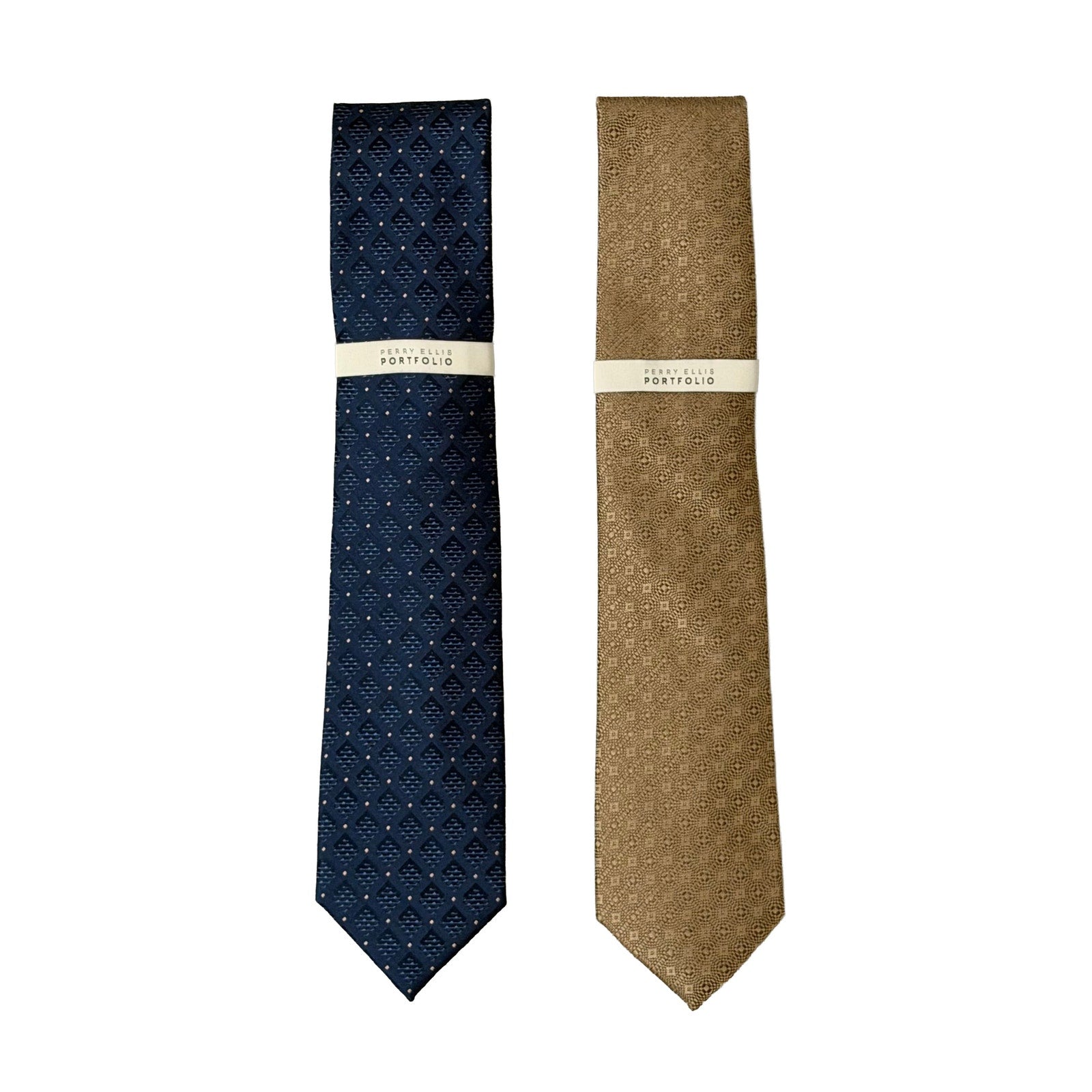 Perry Ellis Portfolio Ties Lot of 2 Men's Navy Diamond & Taupe Geometric