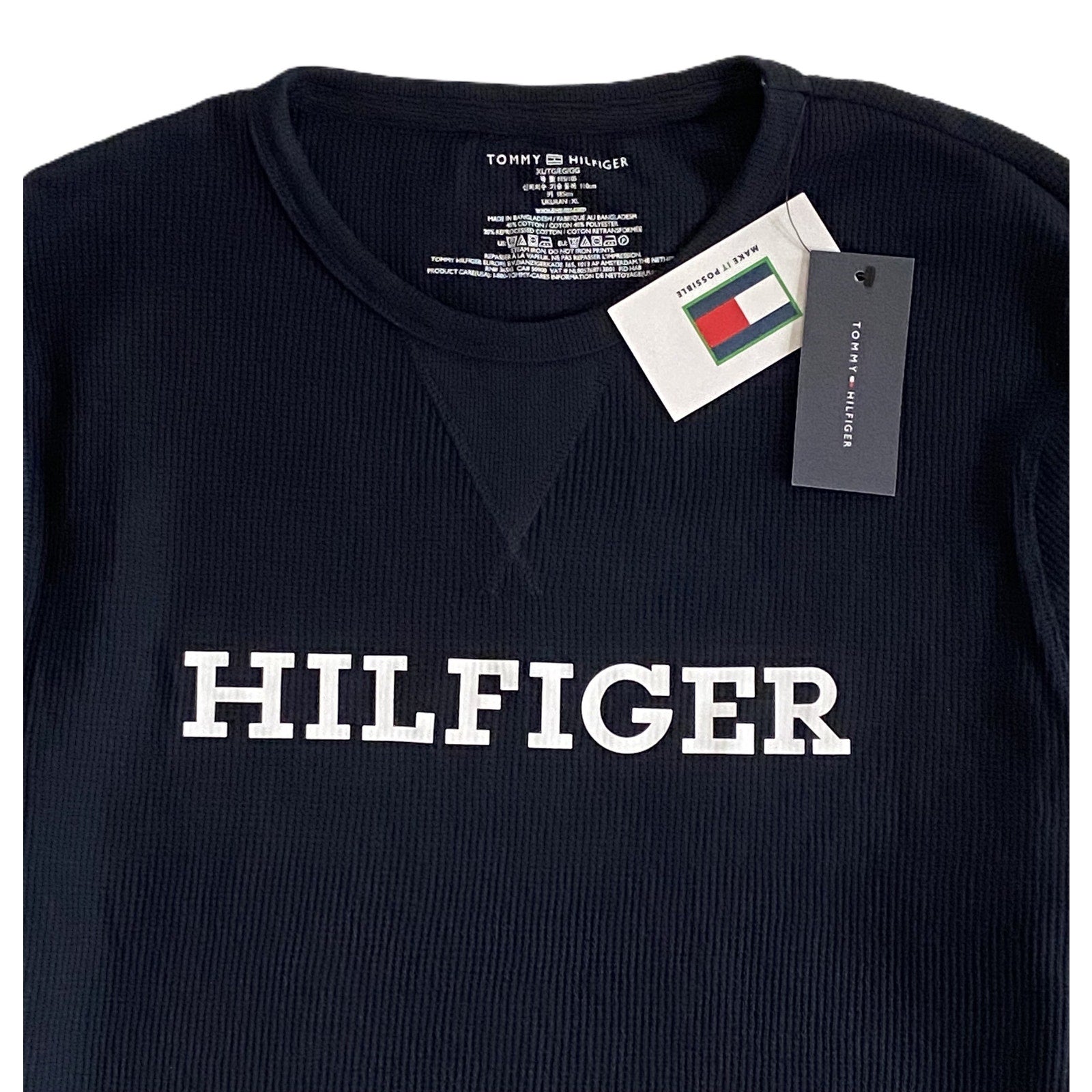Tommy Hilfiger Tee Men's XL Long Sleeve Waffle-Knit Crew Neck Navy Blue