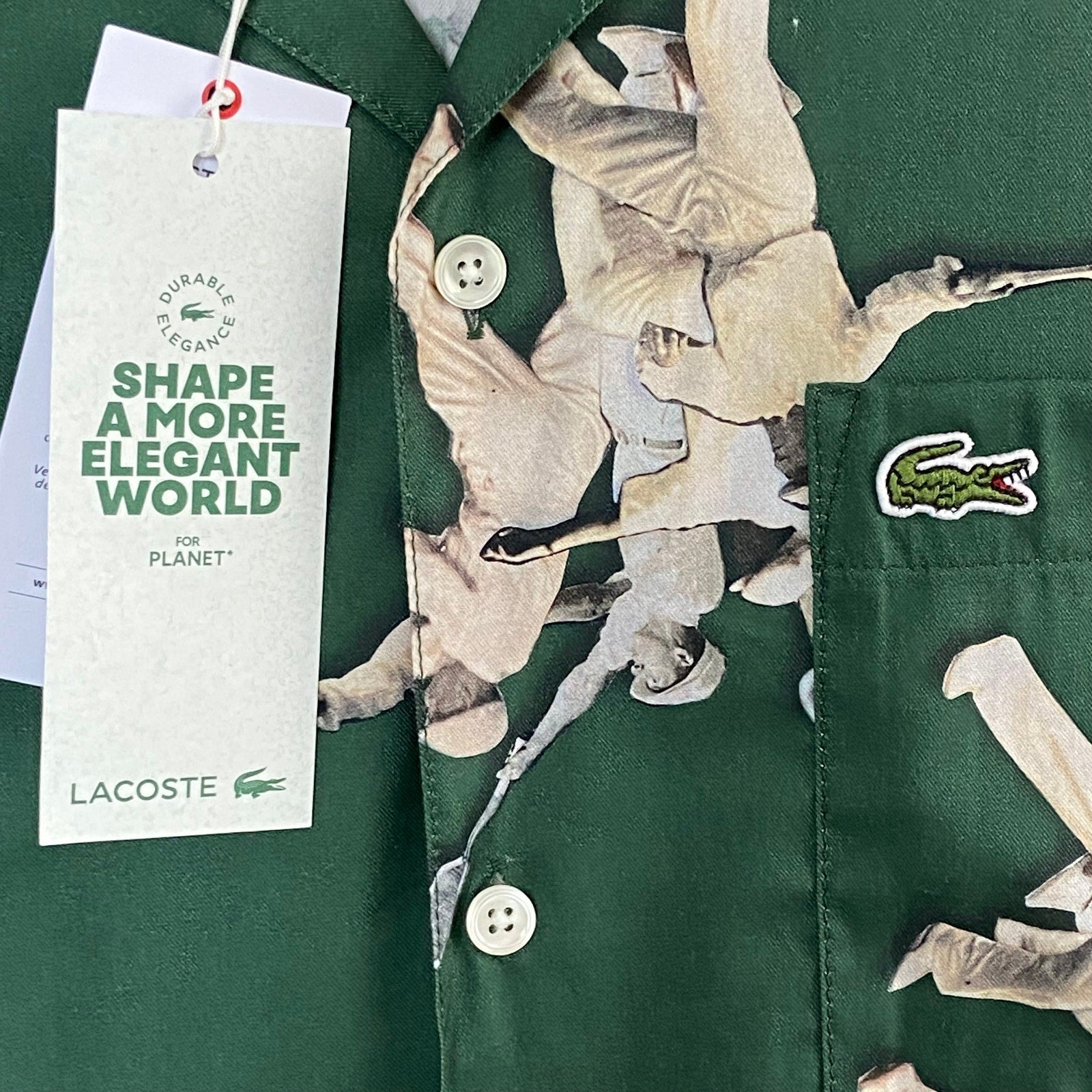 Lacoste Camp Shirt Men's Medium Relaxed Fit Short Sleeve Rene Lacoste Print NEW