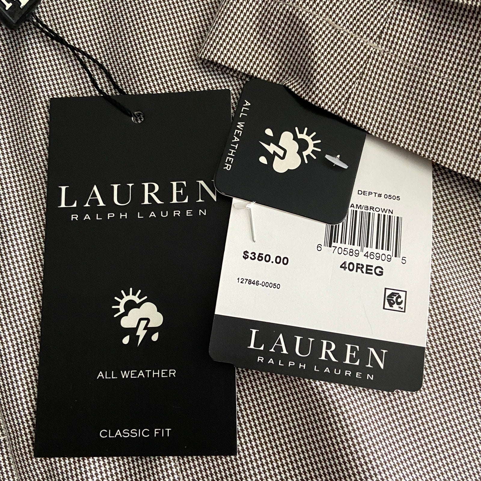 Lauren Ralph Lauren Raincoat Men's 40 Regular Cream Brown Houndstooth