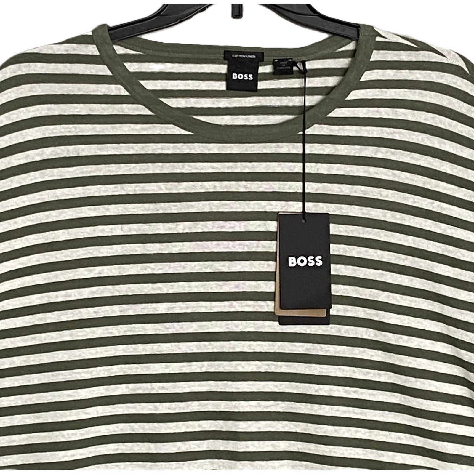 Boss Short Sleeve T-Shirt Men's 3XT Big & Tall Cotton Linen Green Stripe