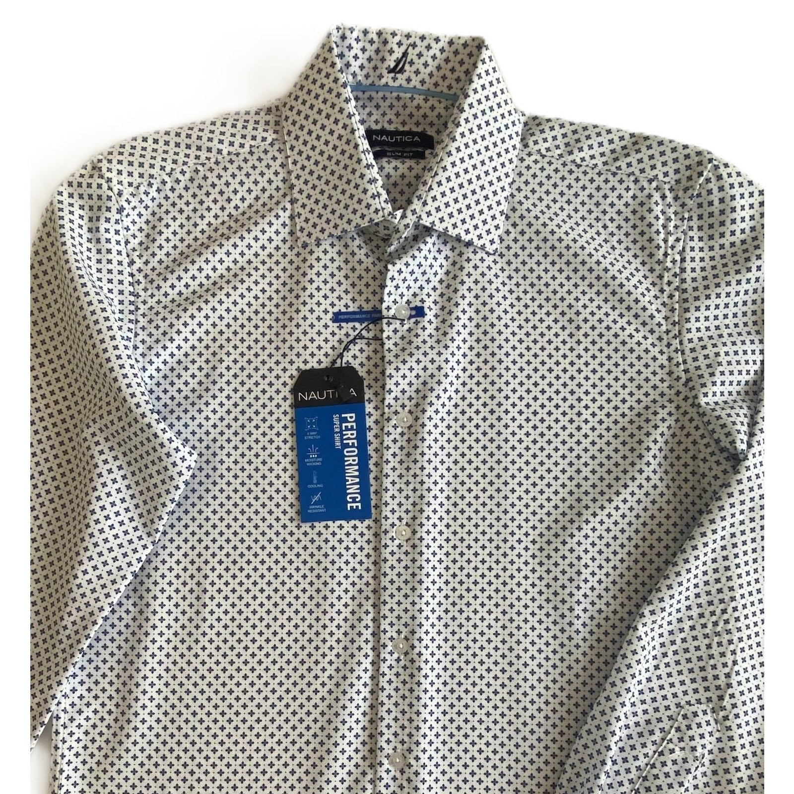 Nautica Dress Shirt Men's 14-14.5 32/33 Performance Slim Fit Blue Floral NEW