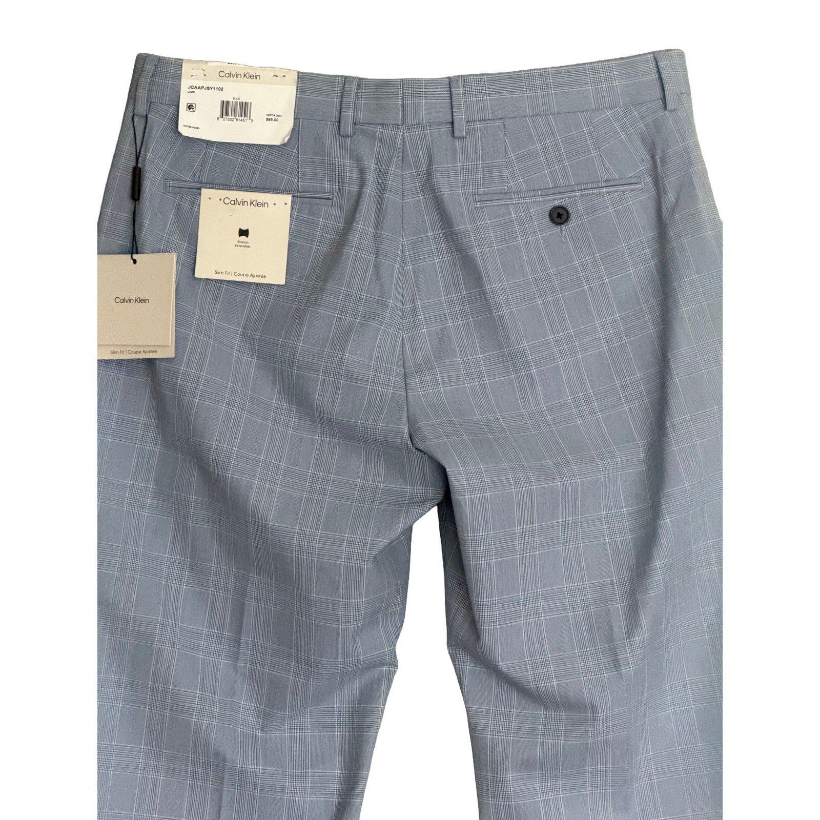 Calvin Klein Dress Pant Men's 34"x30" Slim Fit Flat Front Stretch Blue Plaid