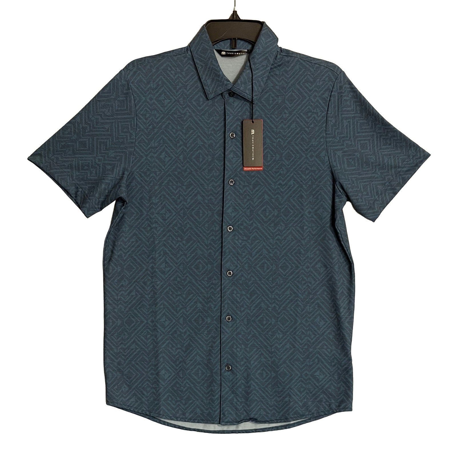Travis Mathew Shirt Men's Small Lightweight Button-Up Stretch Blue Geo