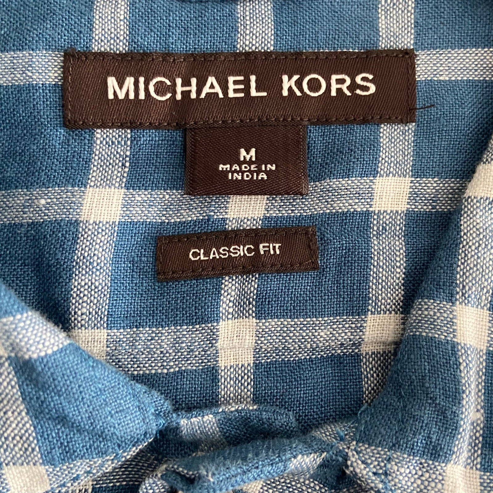 Michael Kors Men's Medium Classic Fit Linen Shirt Blue Check Long Sleeve