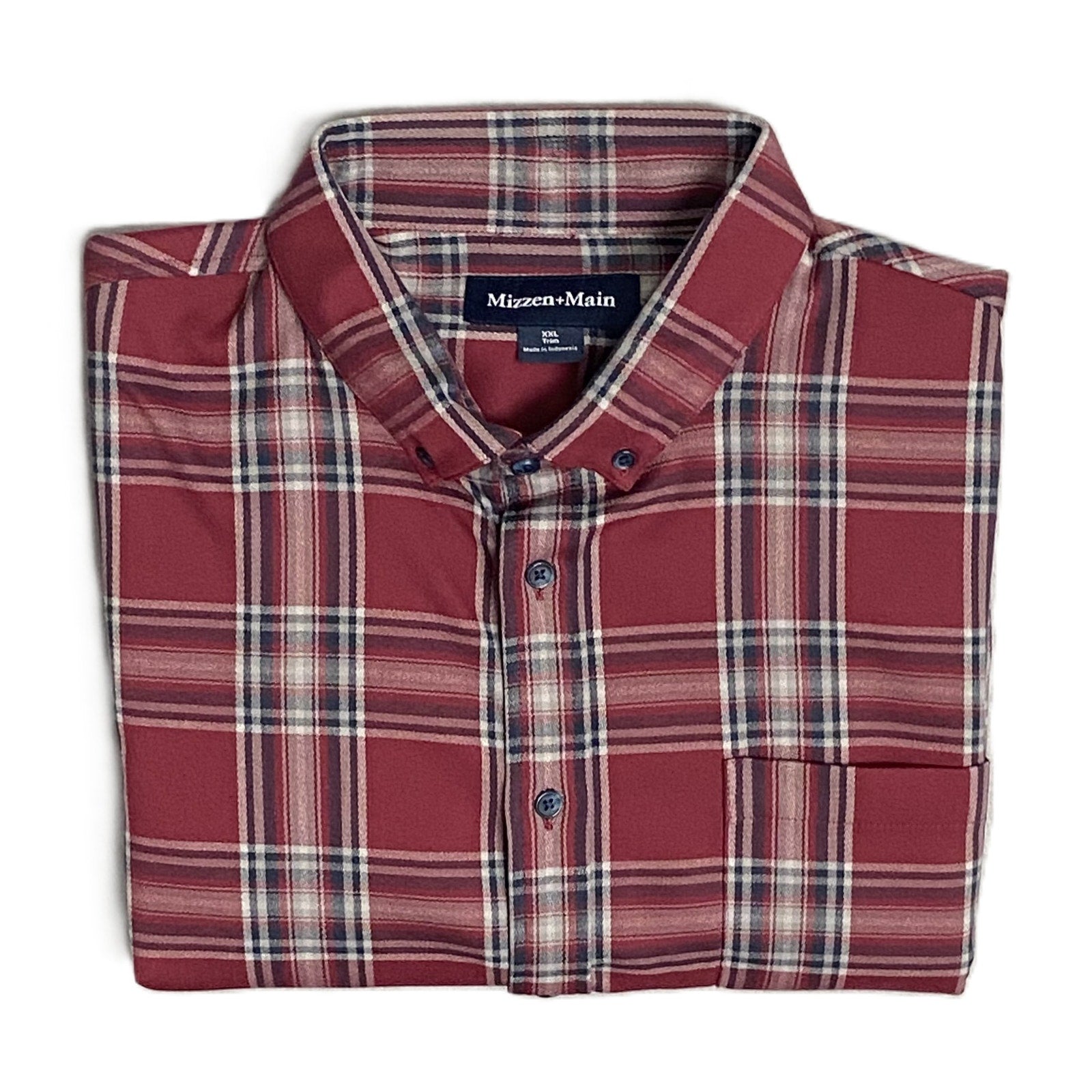 Mizzen+Main Men's XXL Trim Fit City Flannel Twill Shirt Burgundy Plaid
