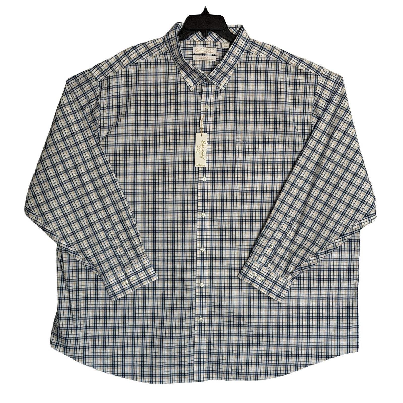 Roundtree & Yorke Performance Dress Shirt Men's 4XB LS Big & Tall Blue Plaid