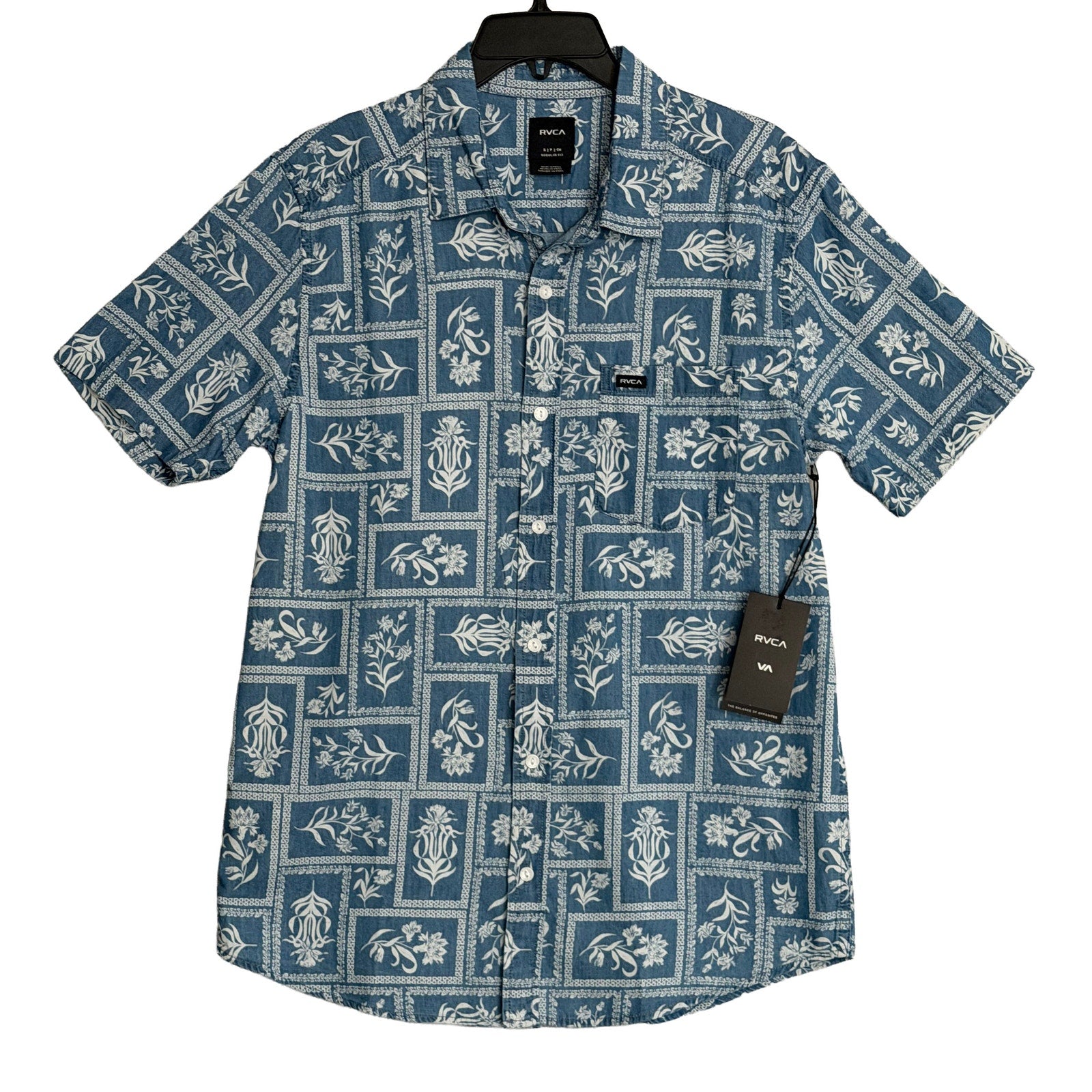 RVCA Casual Shirt Men's Small Regular Fit Button-Up Blue Floral Frame