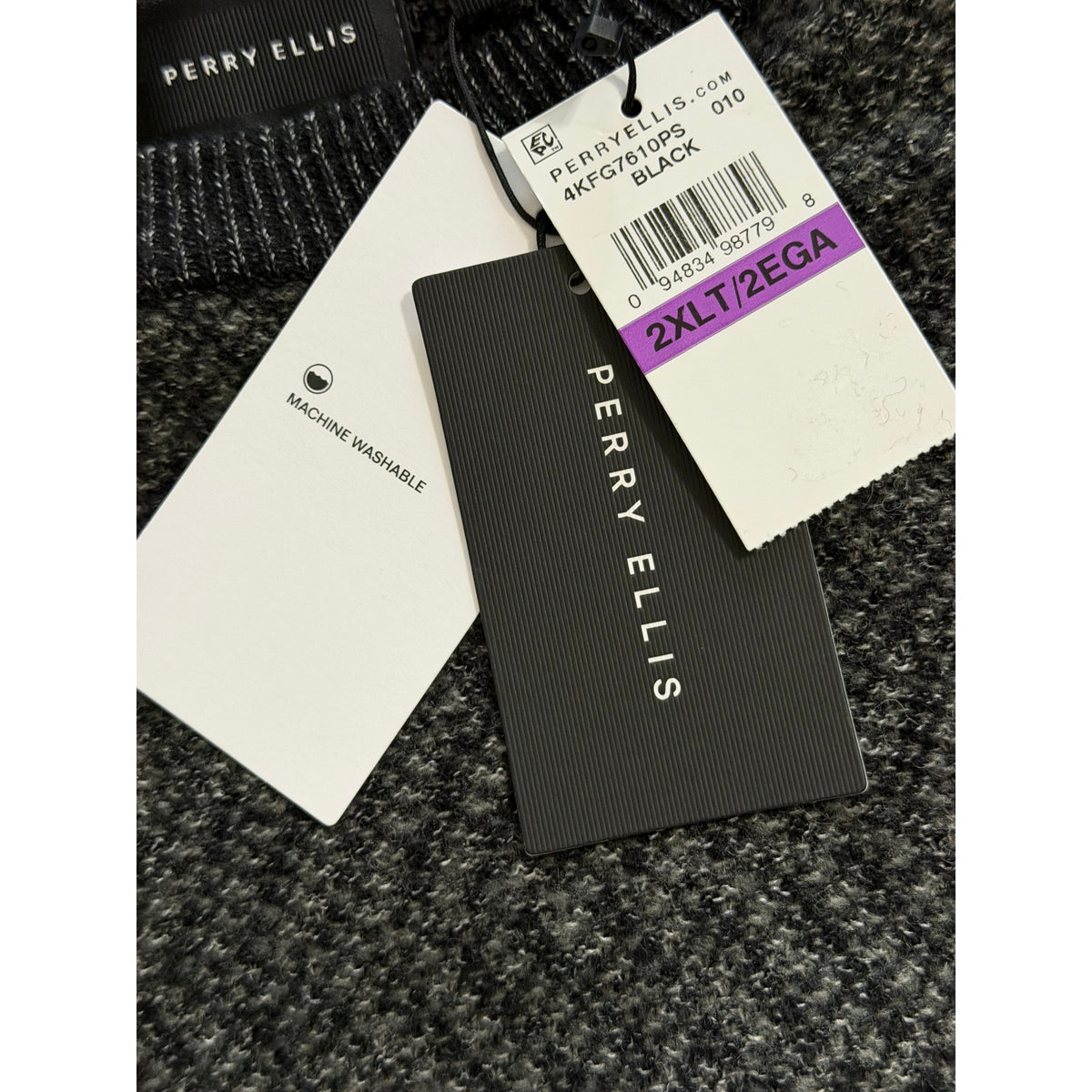 Perry Ellis Sweater Men's 2XLT Big & Tall Yarn Herringbone Crew Neck Black