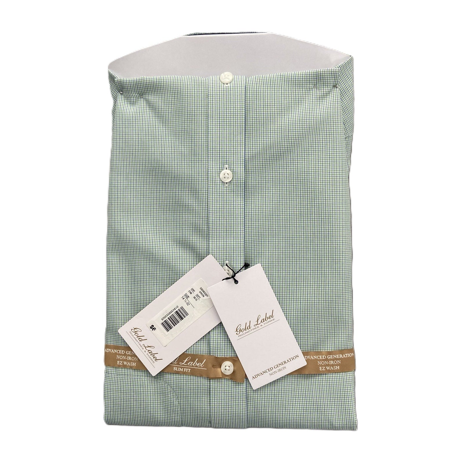 Roundtree & Yorke Shirt Men's 14.5 32 Slim Fit Cotton Poplin Green Check